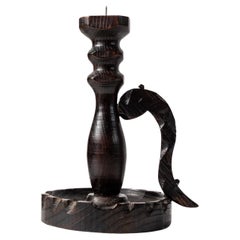 Vintage Handcarved Dark Wooden Candleholder with Brutalist Italian Design, 1960s