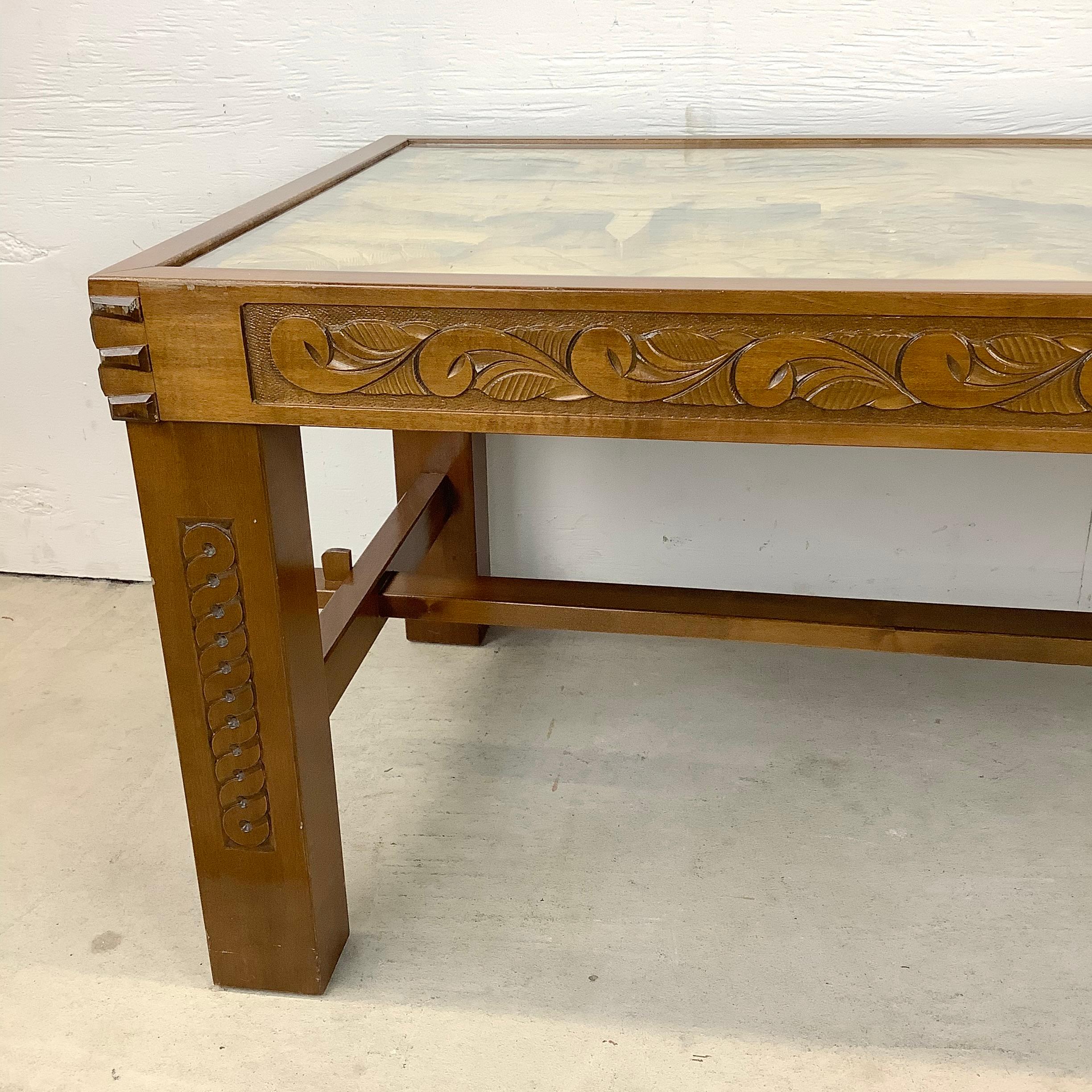 Vintage Hand Carved Decorator Coffee Table with Glass Top 3