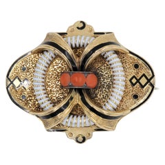 Vintage Handcrafted 14 Karat Gold Black, White Enamel Pin or Pend with Corals Vintage Handcrafted 14 Karat Gold Black, White Enamel Pin or Pend with Corals