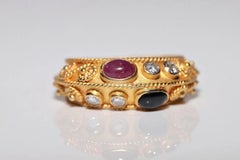 Vintage Handcrafted 18k Gold Natural Diamond And Cabochon Ruby And Sapphire Ring