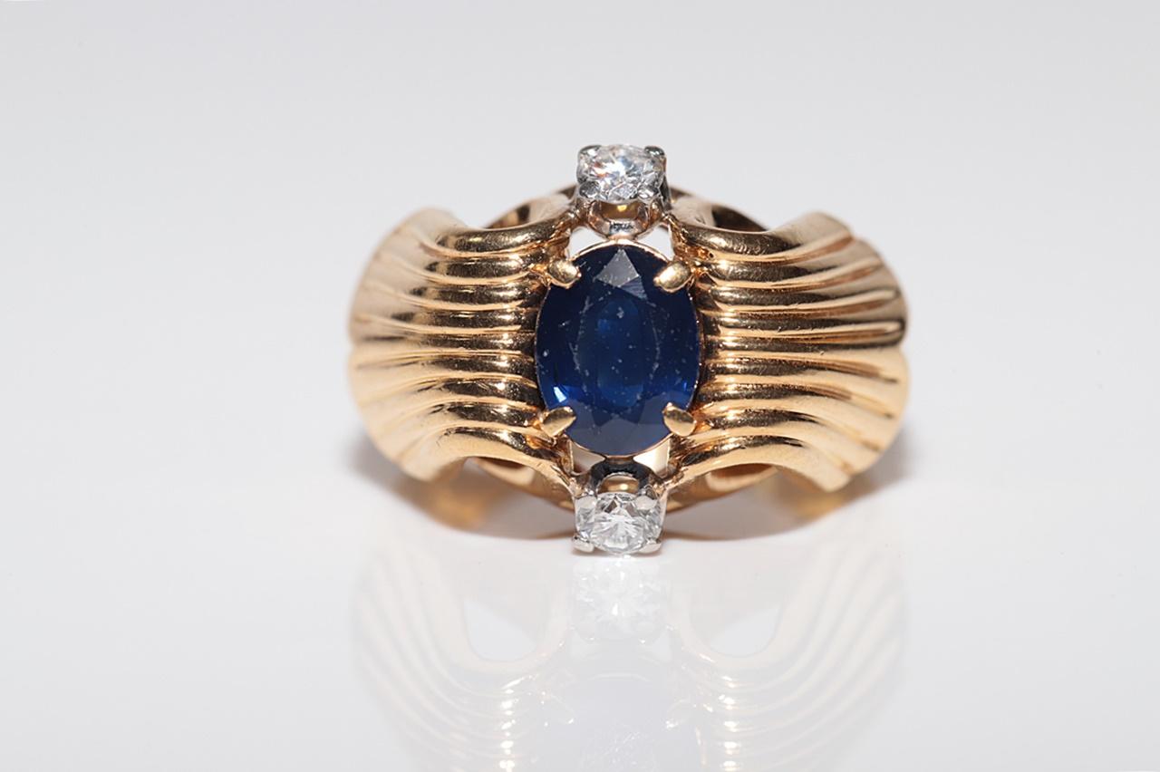 Vintage  Anillo artesanal de oro de 18k con diamante natural y zafiro talla oval Corte brillante en venta
