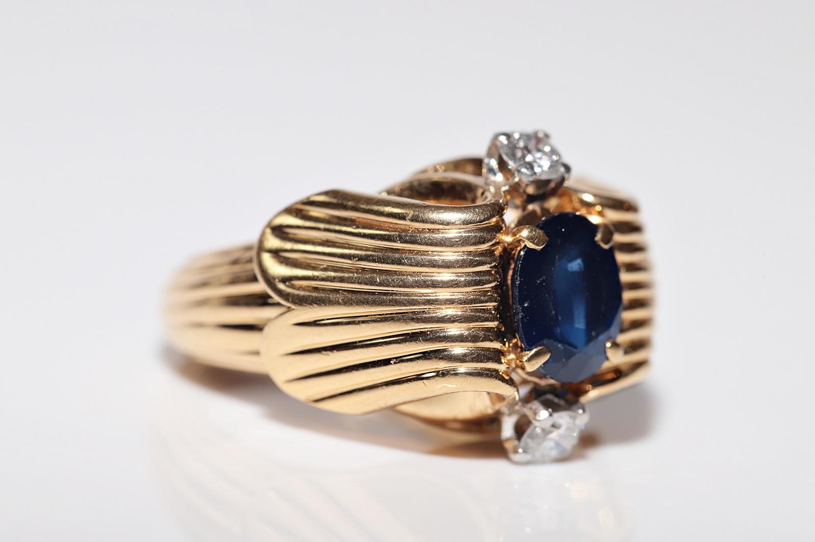 Vintage  Anillo artesanal de oro de 18k con diamante natural y zafiro talla oval en Bueno estado para la venta en Fatih/İstanbul, 34