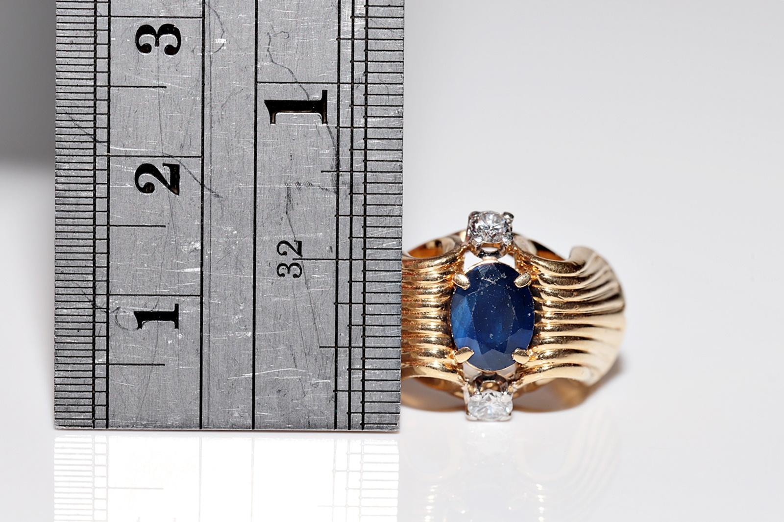 Vintage By  Handgefertigter Ring aus 18 Karat Gold mit natürlichem Diamanten und Saphir im Ovalschliff im Angebot 4