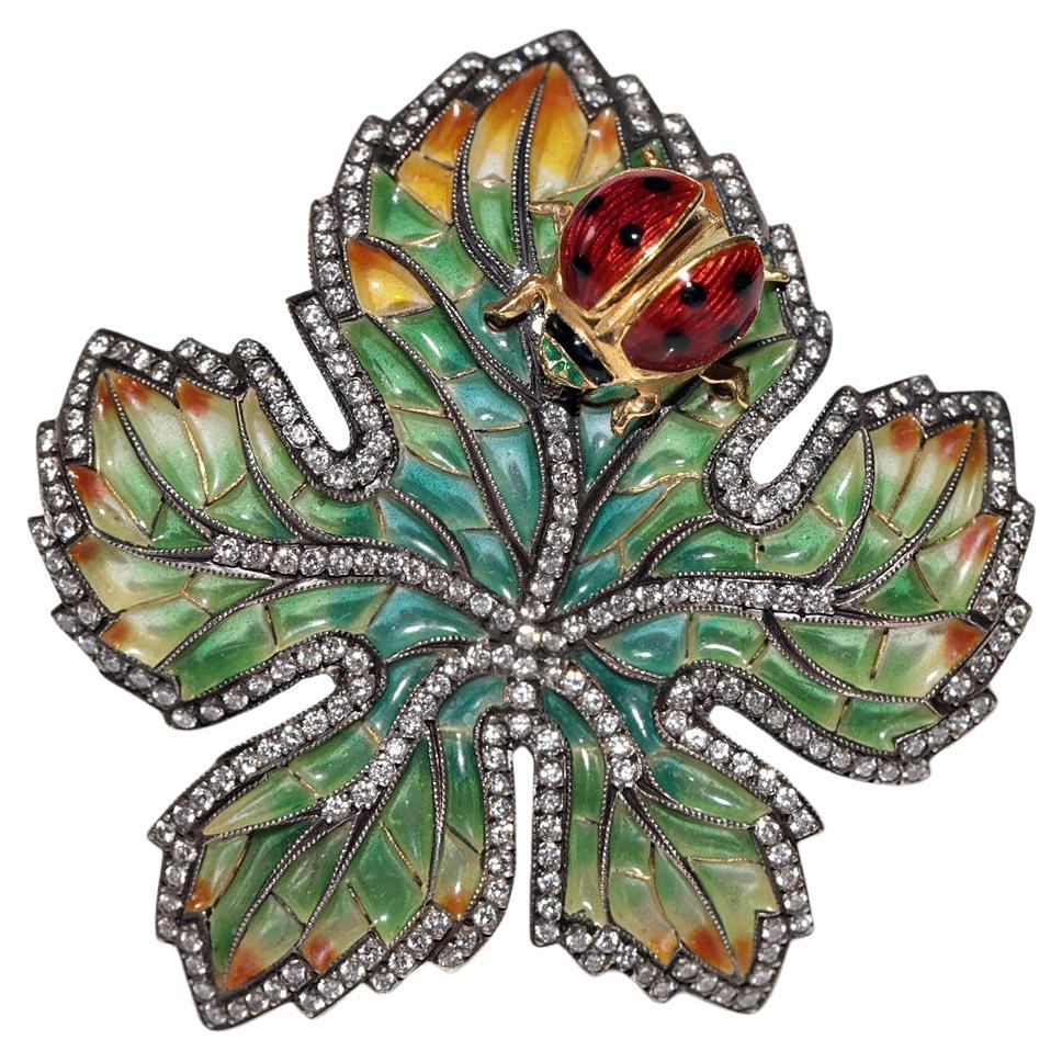 Vintage  Handcrafted 18k Gold Top Silver Natural Diamond And Enamel Leaf Brooch