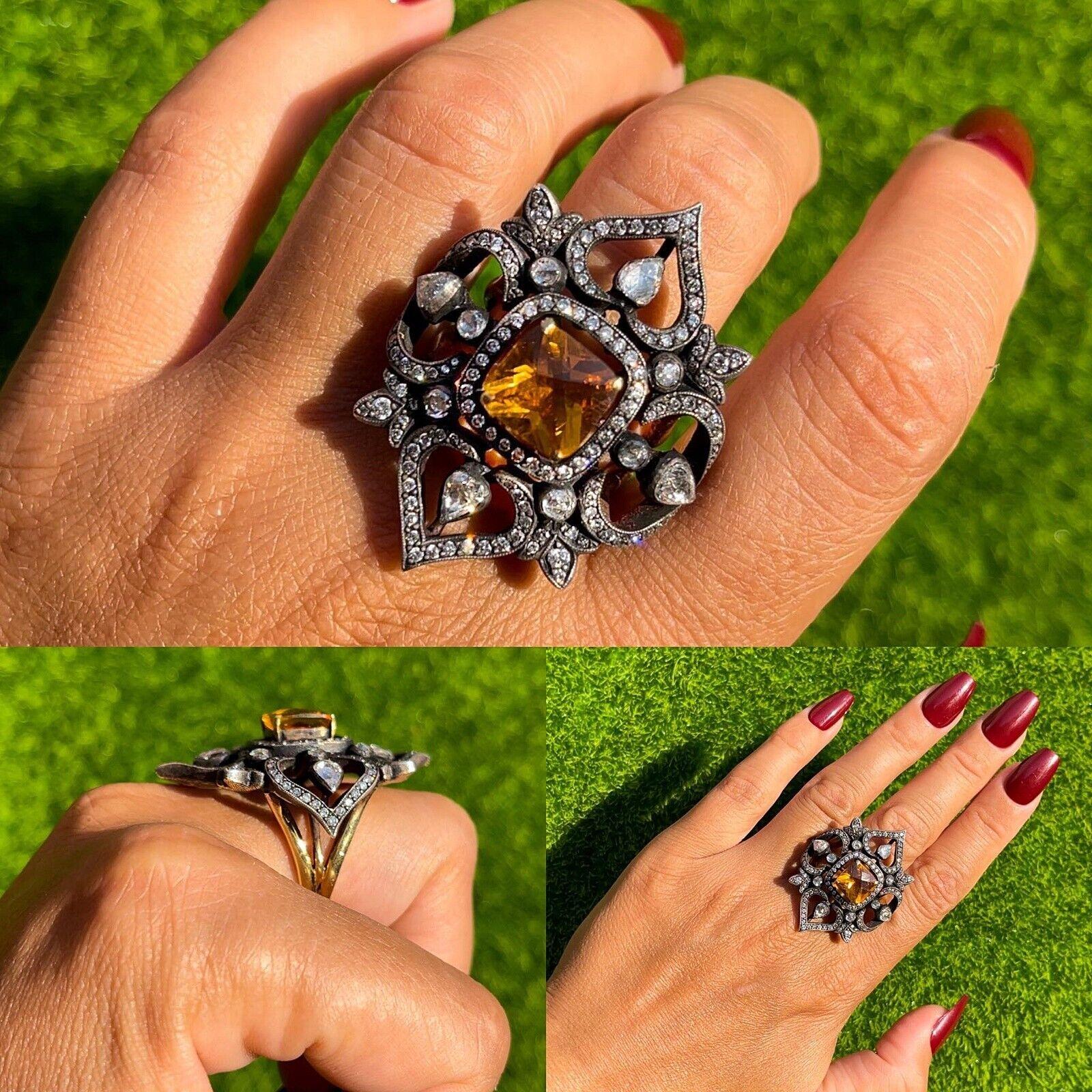 Vintage Handcrafted 18k Gold Top Silber natürlichen Diamanten und Topas starken Ring im Angebot 6