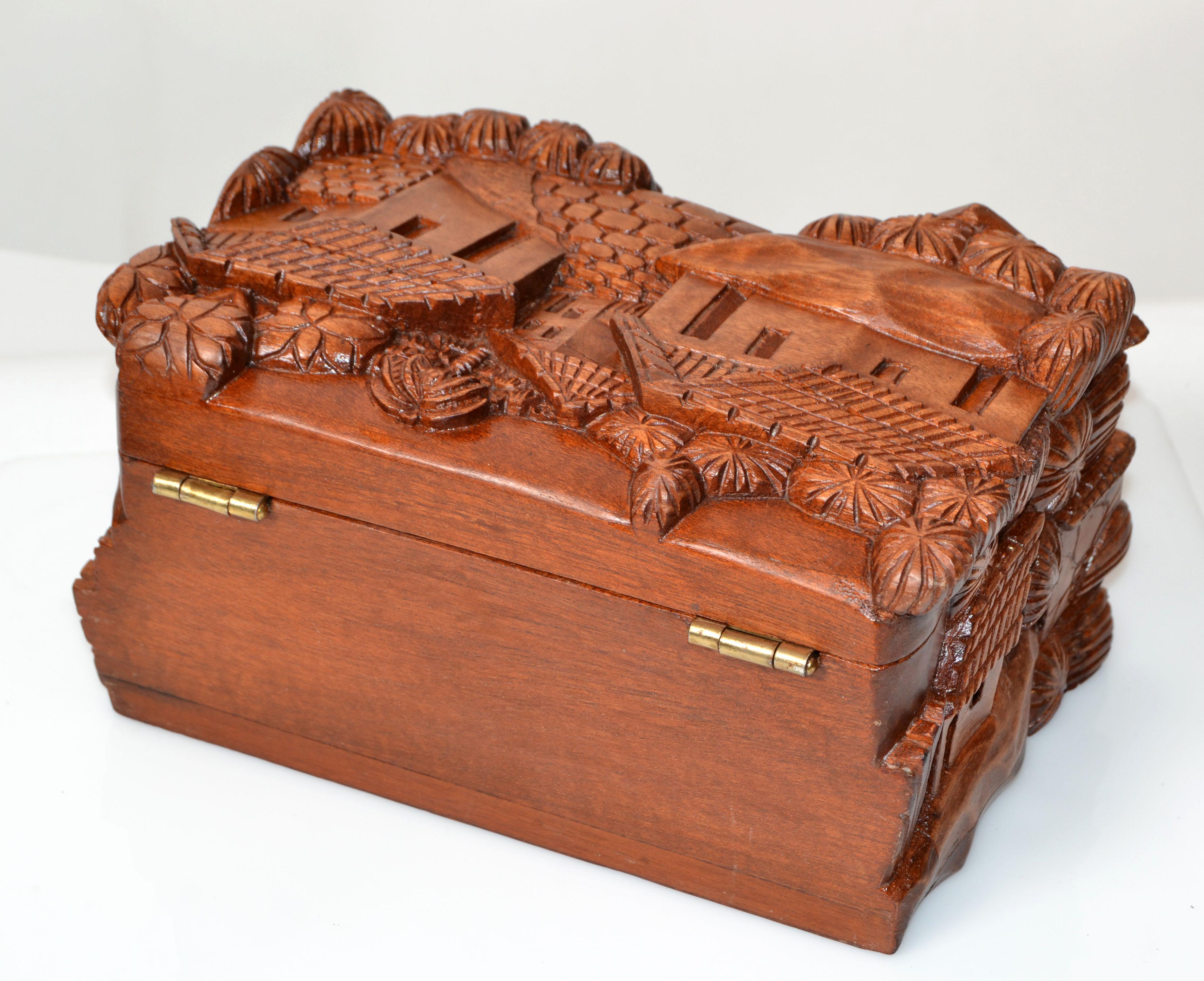 Hand-Carved Vintage Handcrafted and Carved Wood Box House Motif, Trinket Box, Keepsake Box   For Sale