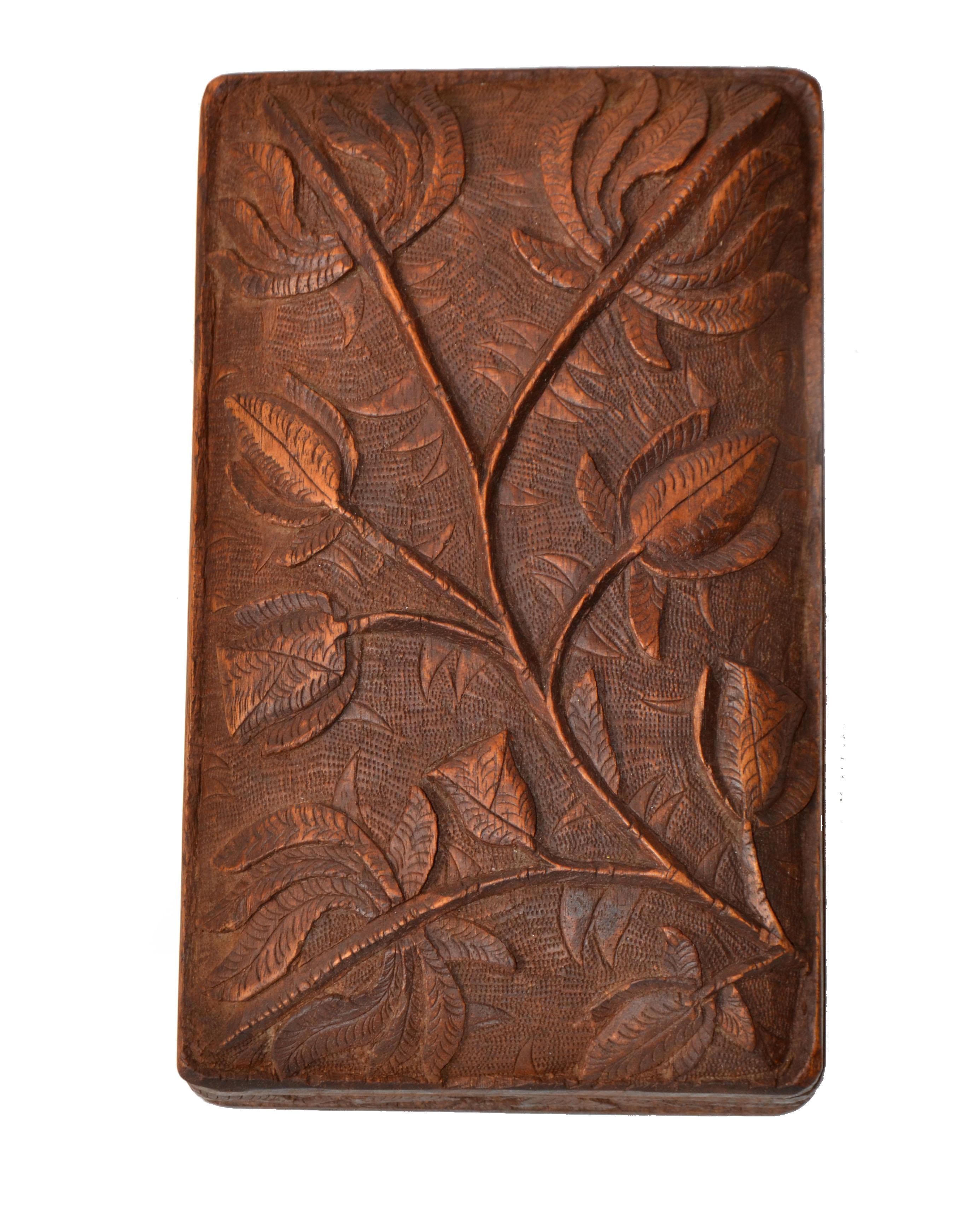 Folk Art Vintage Handcrafted and Carved Wood Box Leaf Motif, Jewelry Box, Keepsake Box For Sale