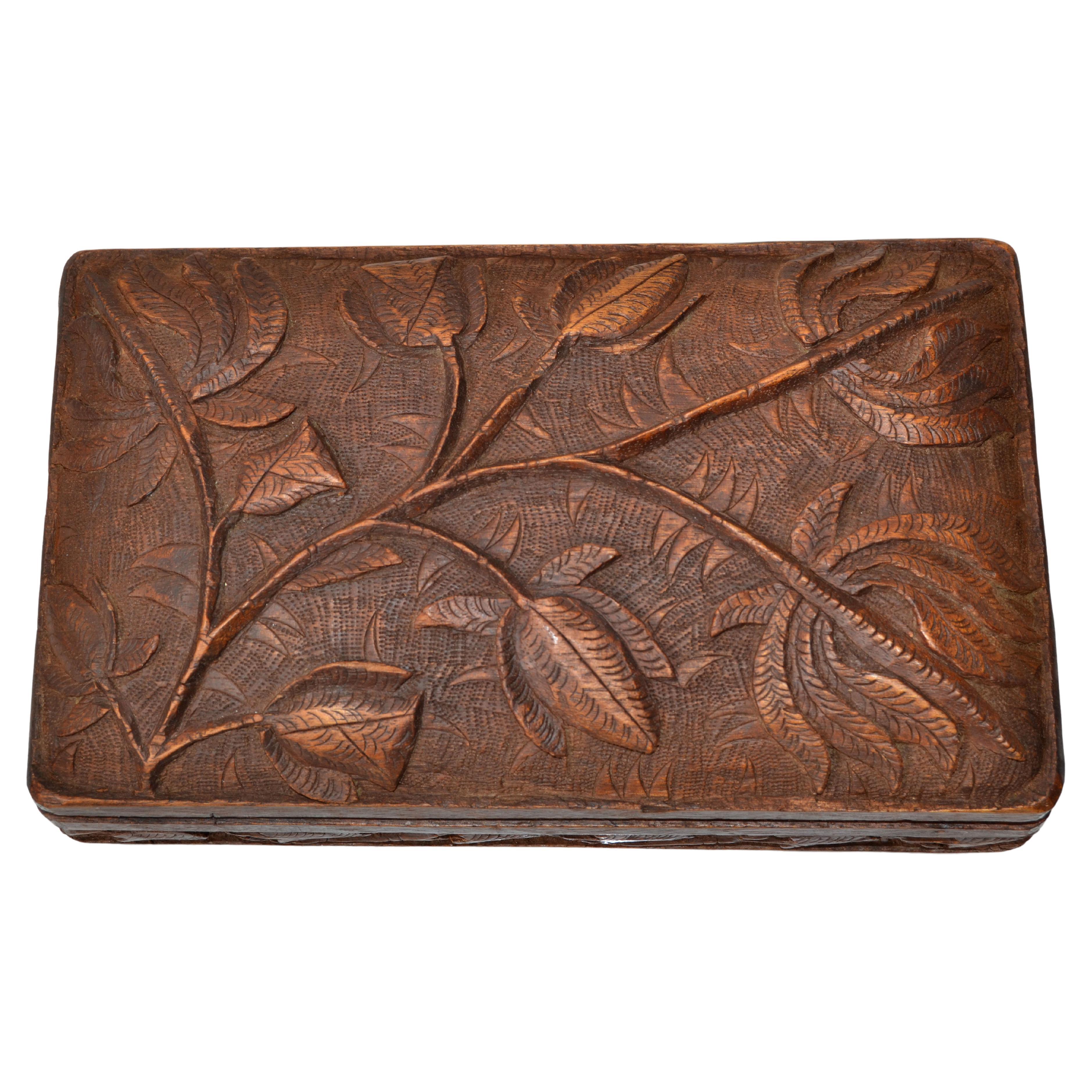 Vintage Handcrafted and Carved Wood Box Leaf Motif, Jewelry Box, Keepsake Box For Sale
