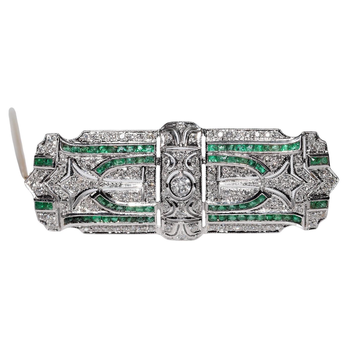 Vintage Handcrafted Art Deco Platinum And 18k Gold And Diamond Emerald Brooch