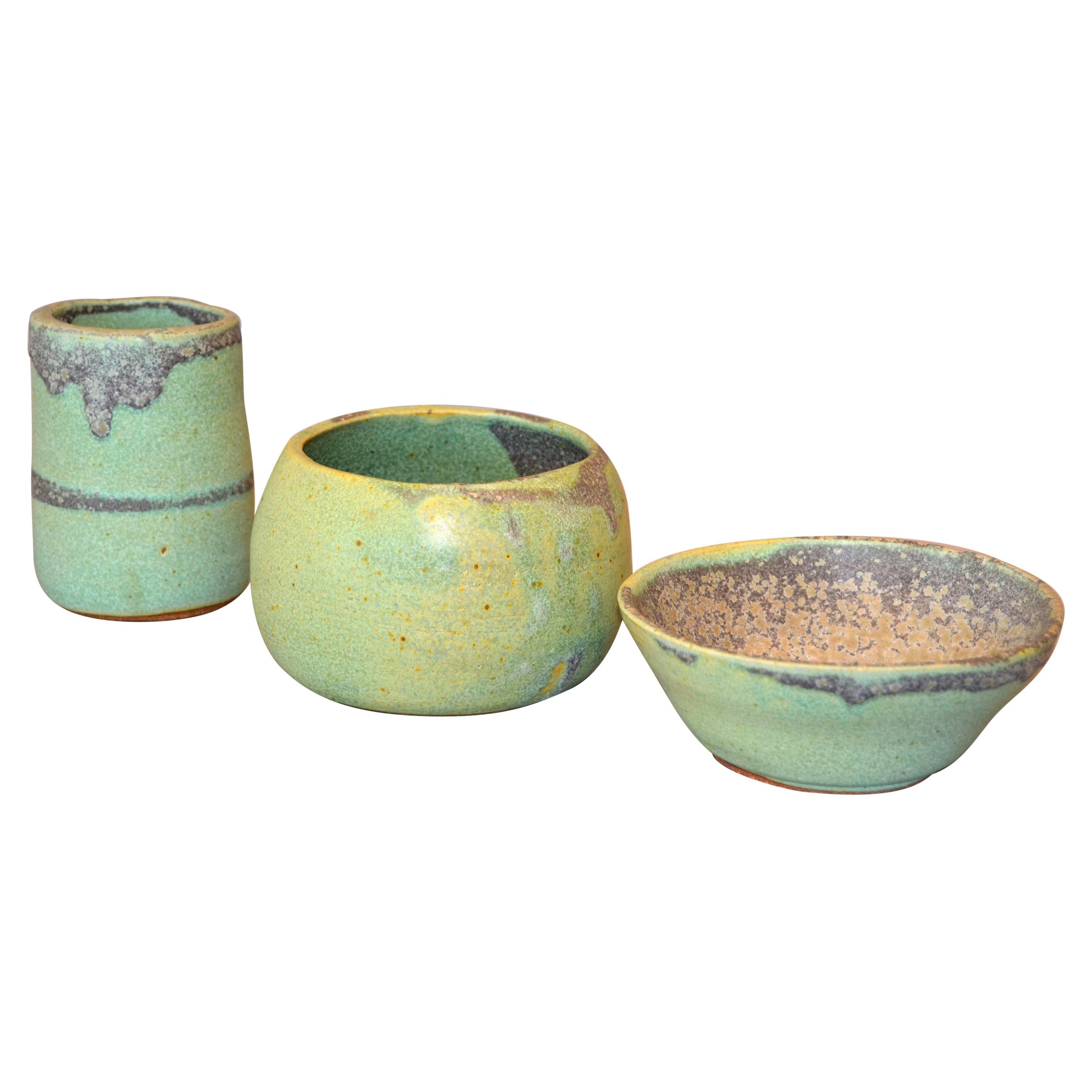Vintage Handcrafted Aztec Green and Gray Pottery Bowls or Vessel Set of 3