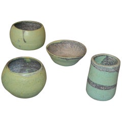 Vintage Handcrafted Aztec Green and Gray Pottery Bowls or Vessel, Set of 4