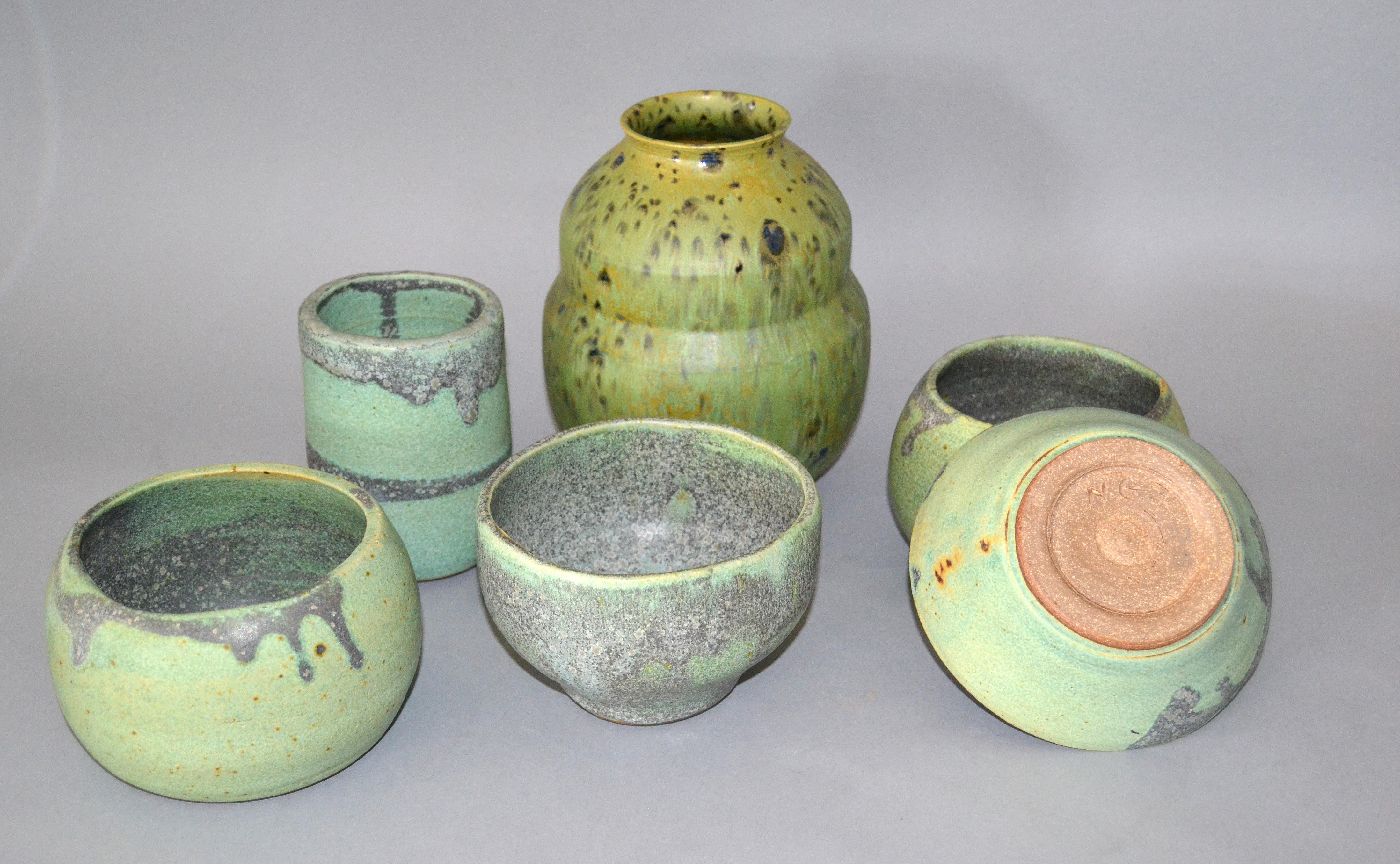 Vintage Handcrafted Aztec Green and Gray Pottery Bowls / Vessel, Set of 6 7
