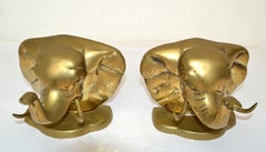 Vintage Asian Modern Handcrafted Brass Elephant Head Bookends, Pair