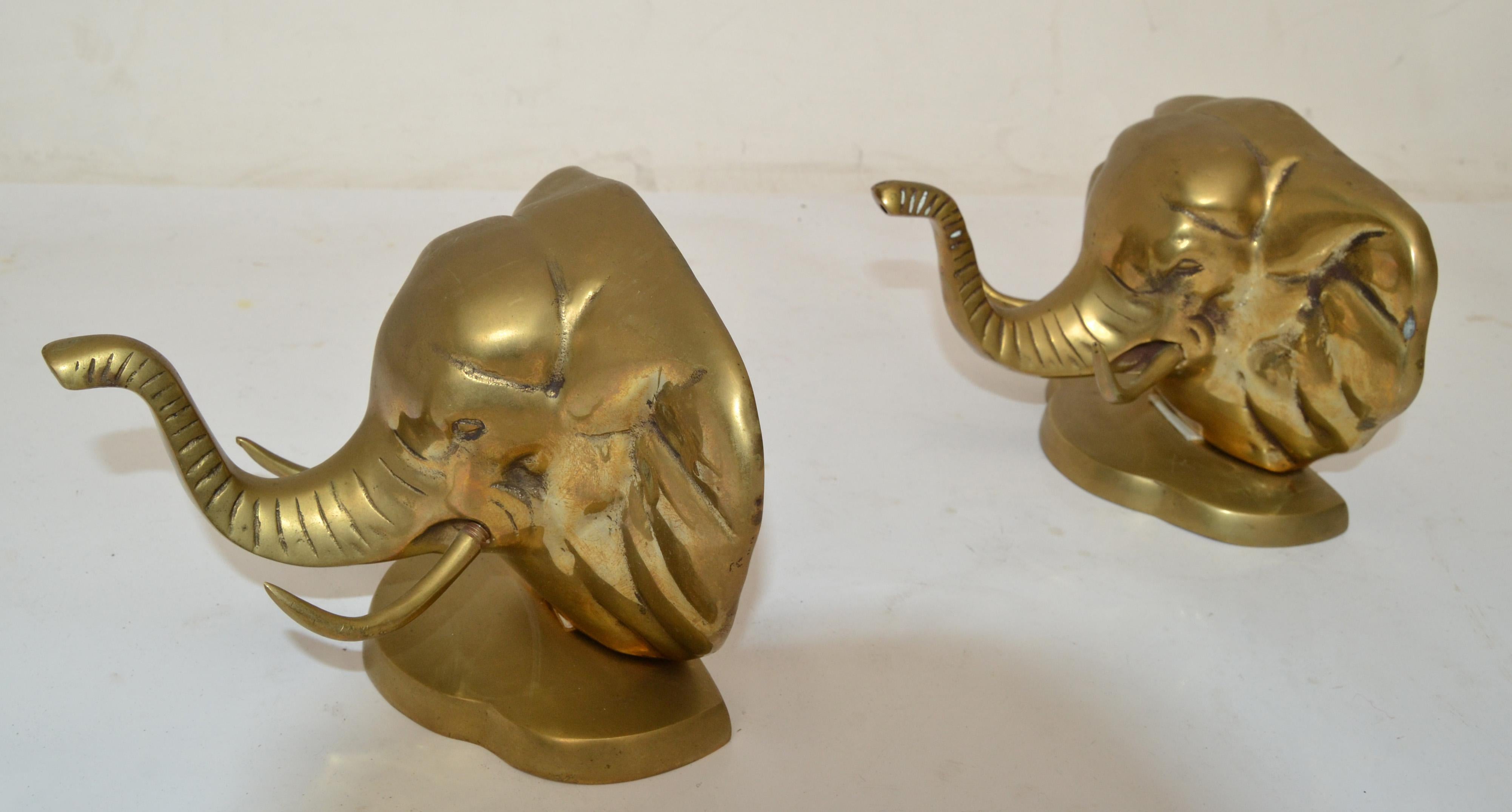 Hand-Crafted Vintage Asian Modern Handcrafted Brass Elephant Head Bookends, Pair For Sale