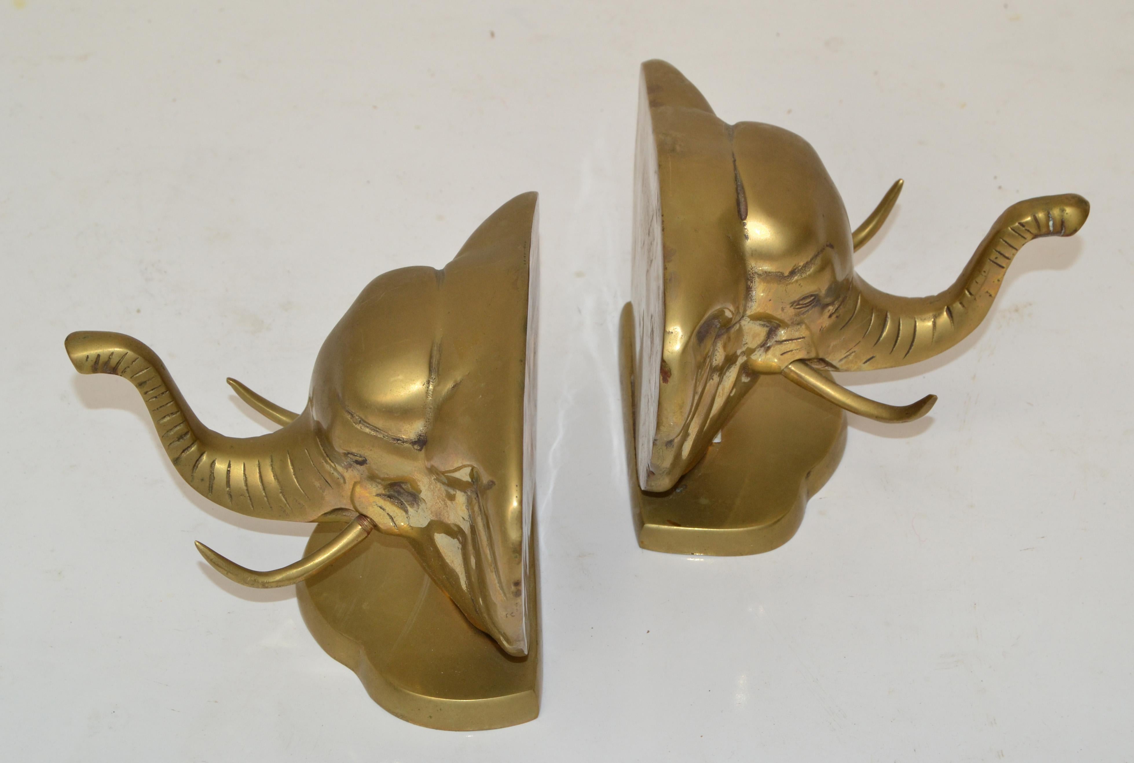 20th Century Vintage Handcrafted Brass Elephant Head Bookends, Pair For Sale