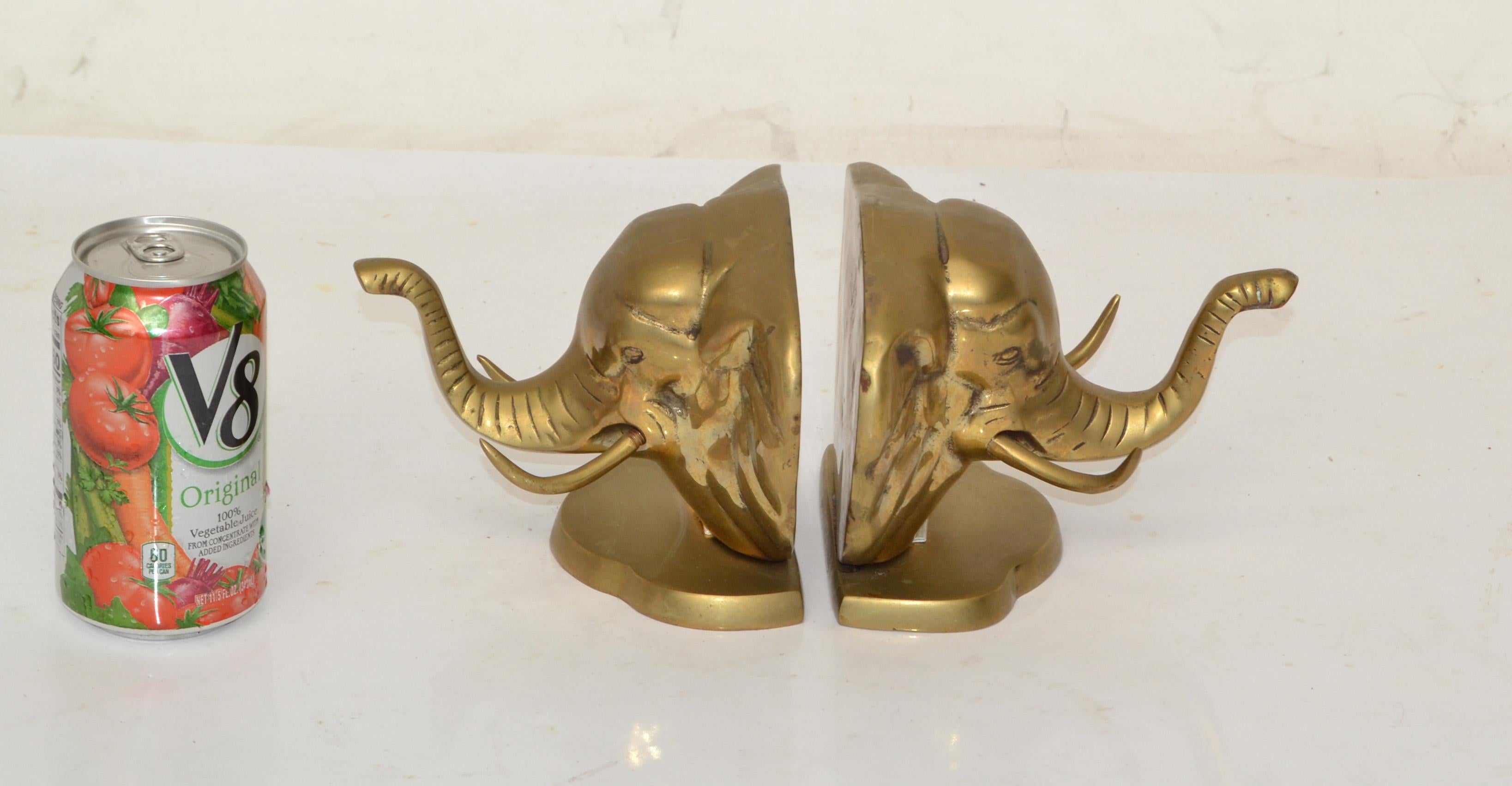 Vintage Handcrafted Brass Elephant Head Bookends, Pair For Sale 1