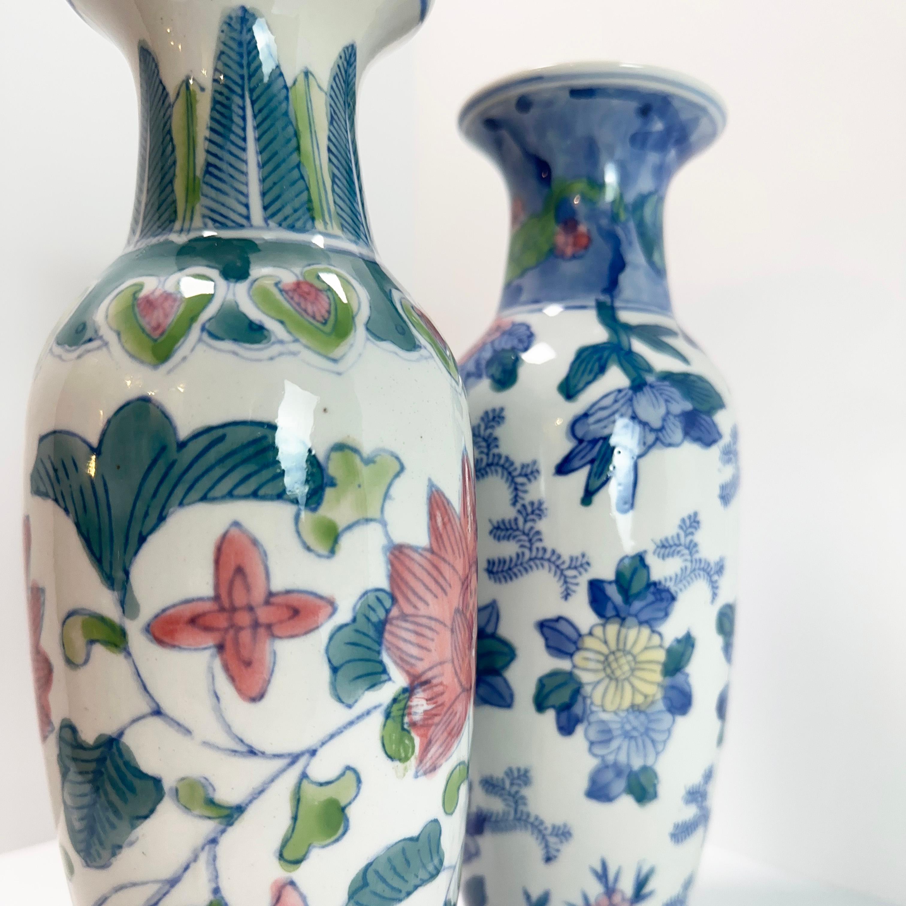 Hand-Painted Vintage Chinese Porcelain Pastel Toned Famille Rose Vases - Mismatched Pair  For Sale