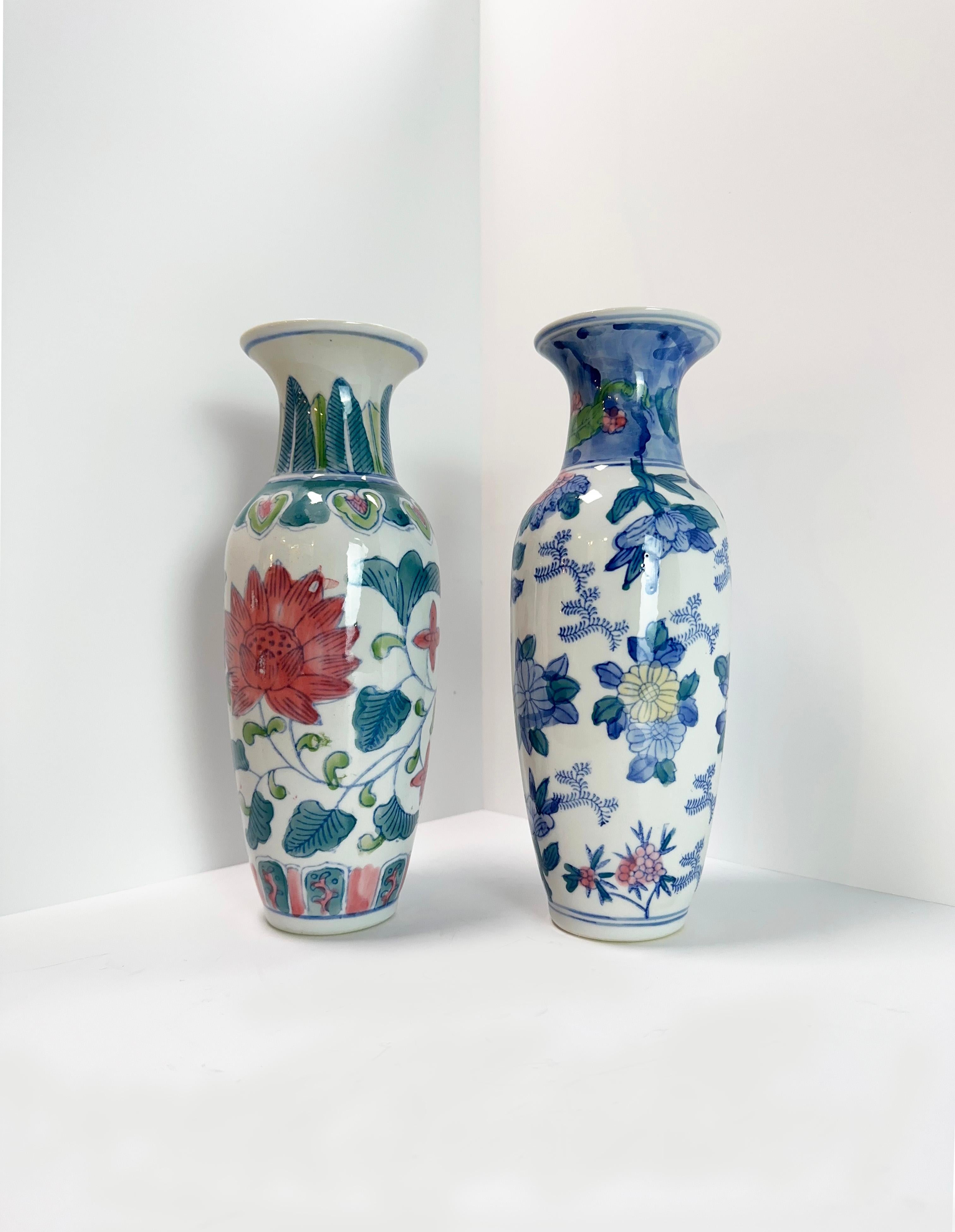 Late 20th Century Vintage Chinese Porcelain Pastel Toned Famille Rose Vases - Mismatched Pair  For Sale