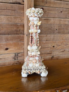 Vintage Handcrafted Coastal Seashell Encrusted Wood Pedestal Candleholder