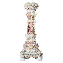 Vintage Handcrafted Coastal Seashell Encrusted Wood Pedestal Candleholder