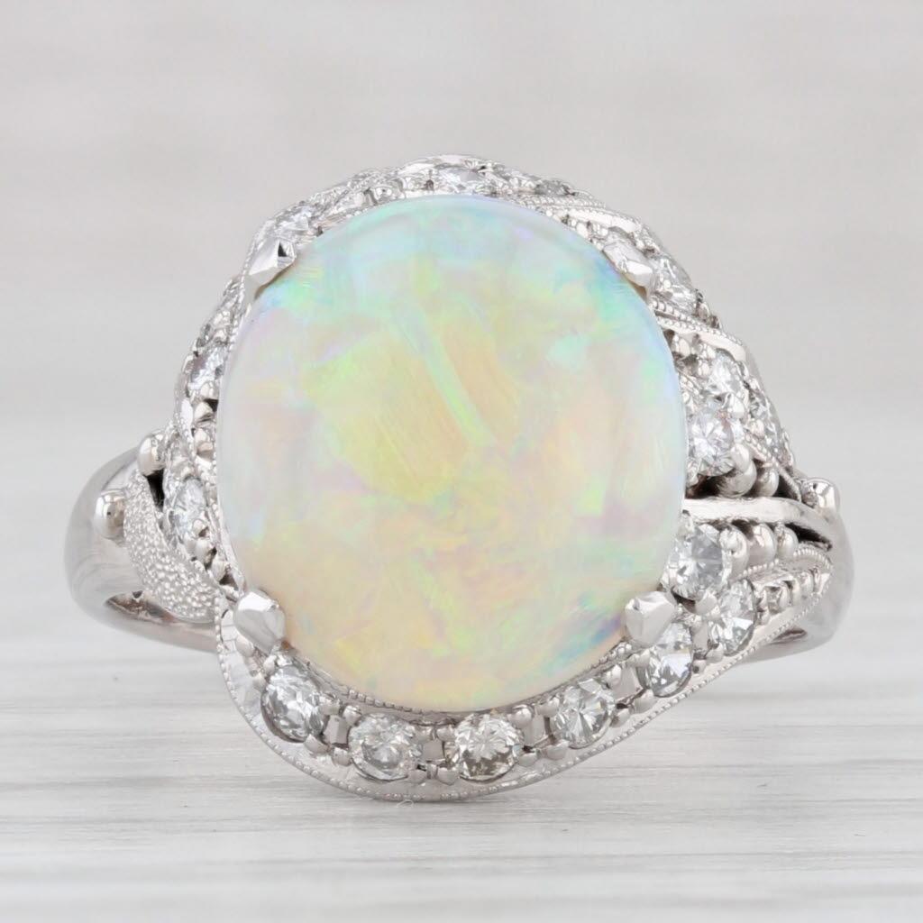 Vintage Handcrafted Colorful Opal Diamond Ring 900 Platinum Size 6 In Good Condition For Sale In McLeansville, NC