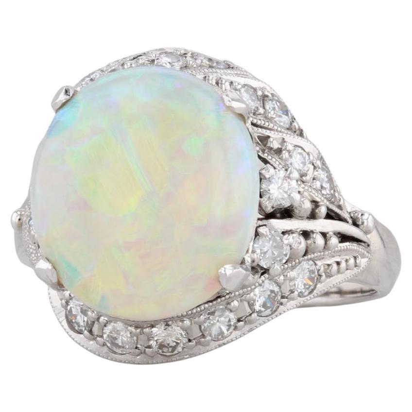 Vintage Handcrafted Colorful Opal Diamond Ring 900 Platinum Size 6 For Sale