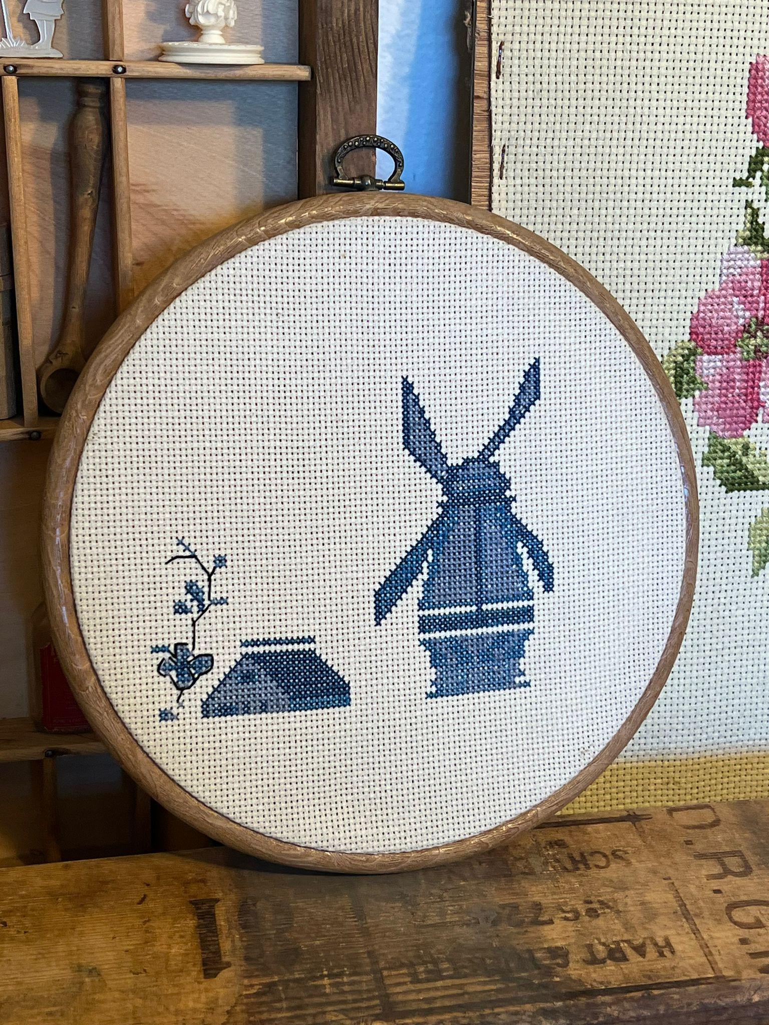 Vintage Handcrafted Finished Cross Stitch Needlepoint Windmill and House. im Angebot 1