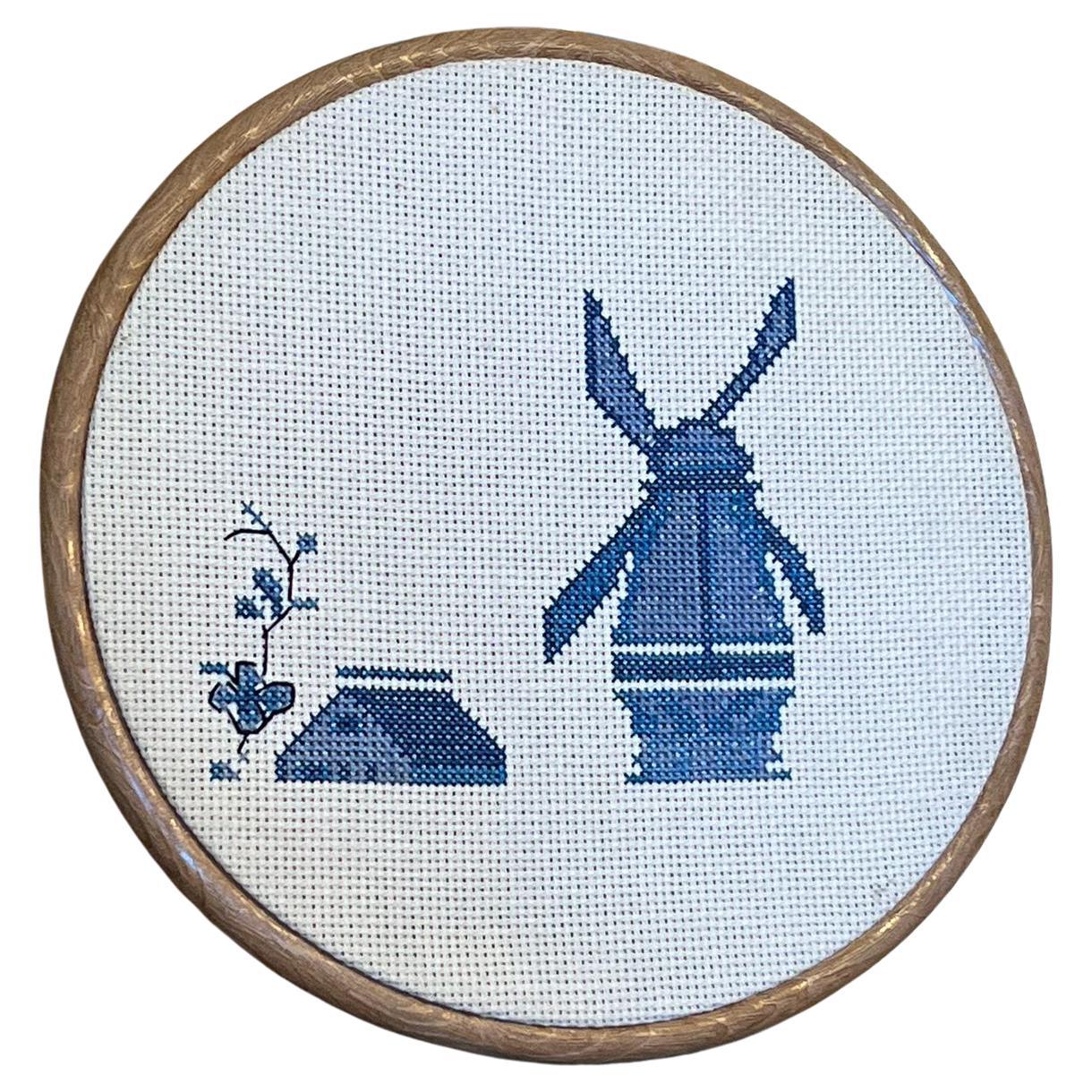 Vintage Handcrafted Finished Cross Stitch Needlepoint Windmill and House.