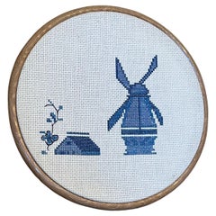 Mulino a vento e casa vintage a punto croce rifinito a mano.