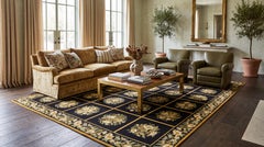 Vintage Handcrafted French Aubusson Wool Rug In Black With Floral Pattern