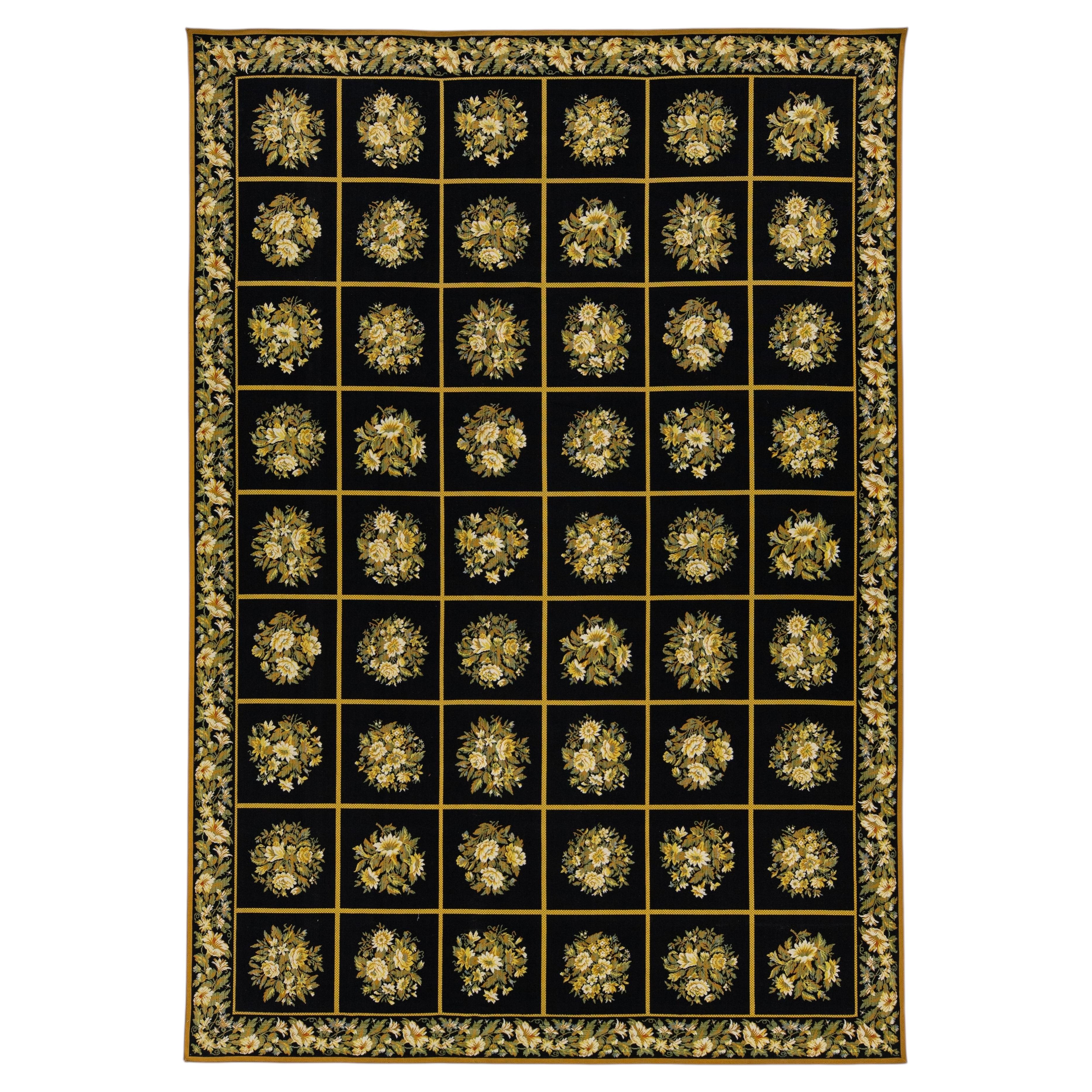 Vintage Handcrafted French Aubusson Wool Rug In Black With Floral Pattern For Sale