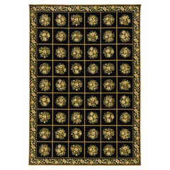 Vintage Handcrafted French Aubusson Wool Rug In Black With Floral Pattern