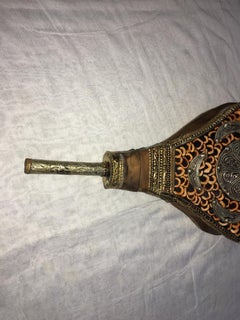Vintage Handmade Moroccan Fireplace Bellows, Leather, Silver, Repurposed Bone