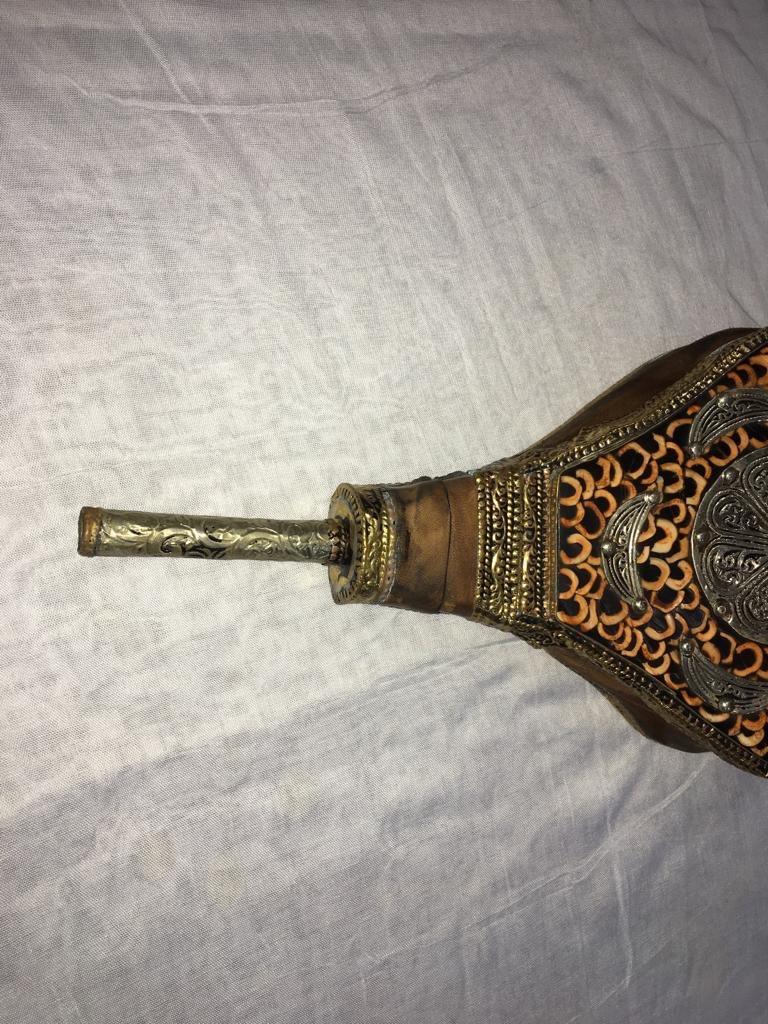 Vintage Handmade Moroccan Fireplace Bellows, Leather, Silver