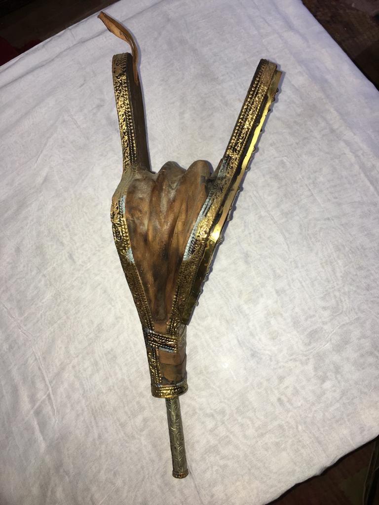 Vintage Handmade Moroccan Fireplace Bellows, Leather, Silver, Repurposed Bone In Good Condition For Sale In Vineyard Haven, MA