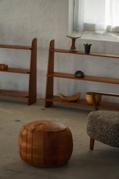 Vintage Handcrafted Moroccan Leather Pouf with Decorative Stitching, 1970s