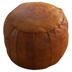 Vintage Handcrafted Moroccan Leather Pouf with Decorative Stitching, 1970s