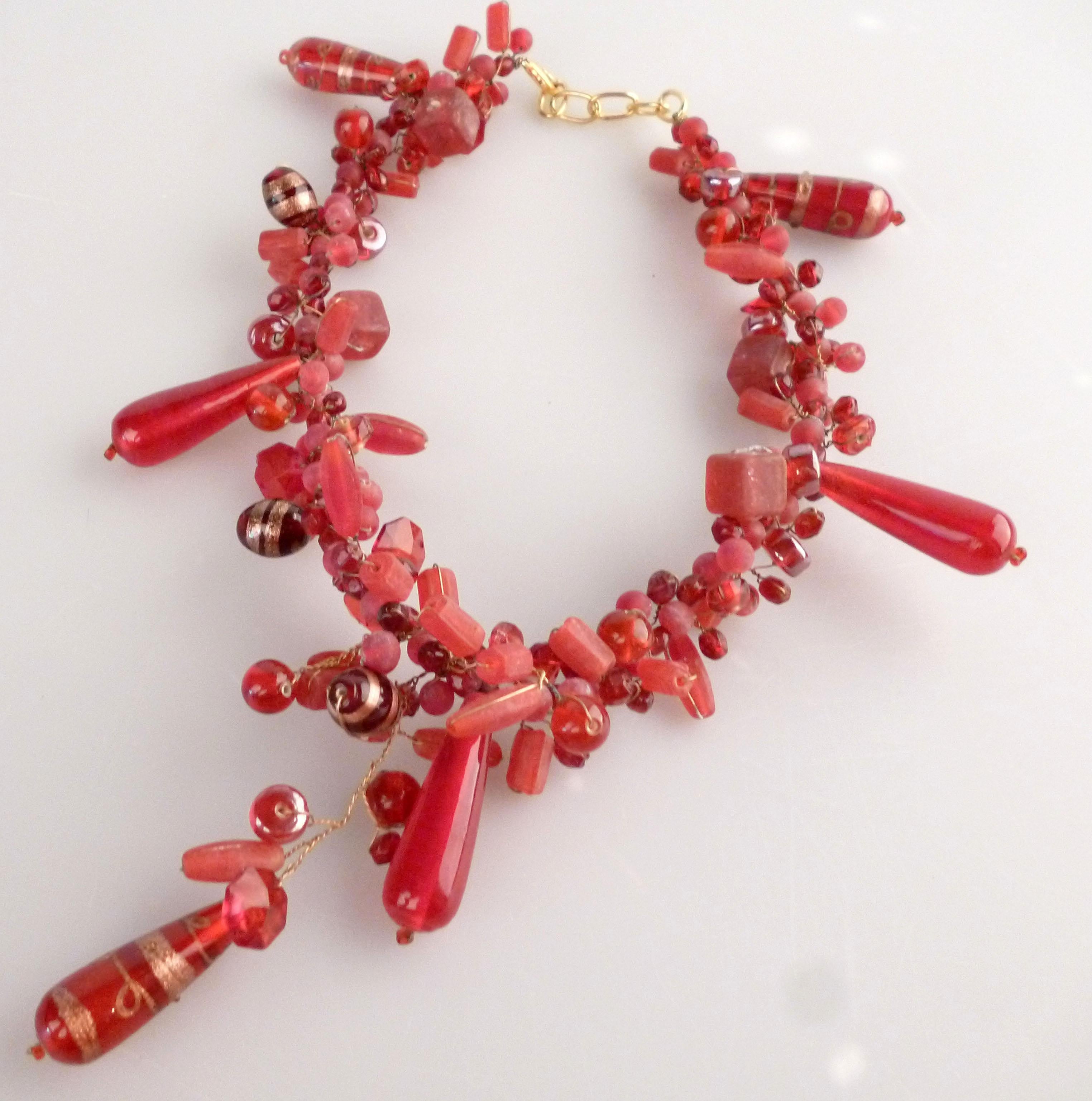 Art Deco Vintage Handcrafted Murano Red Glass Ornament Necklace For Sale