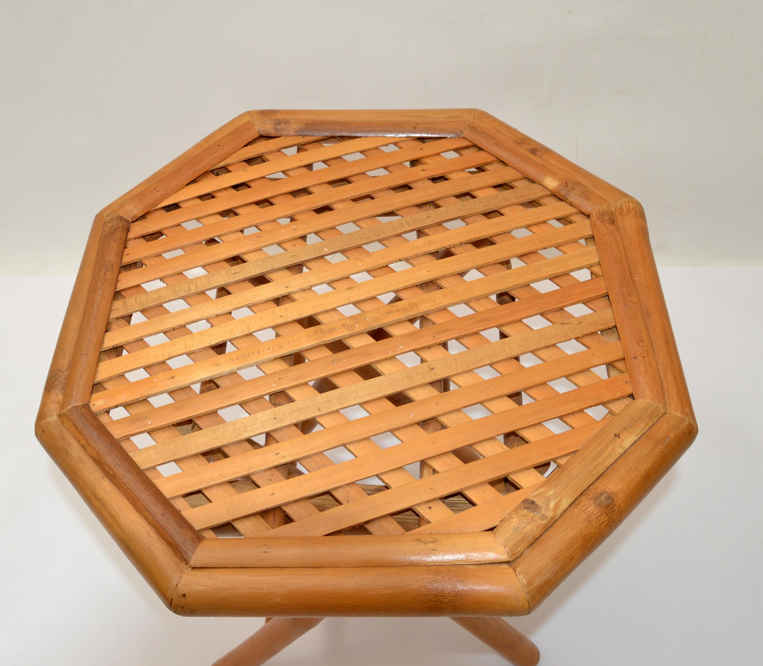 Mid-Century Modern Vintage Handcrafted Octagonal Bamboo Side Folding Table, Center Table, 1970 For Sale