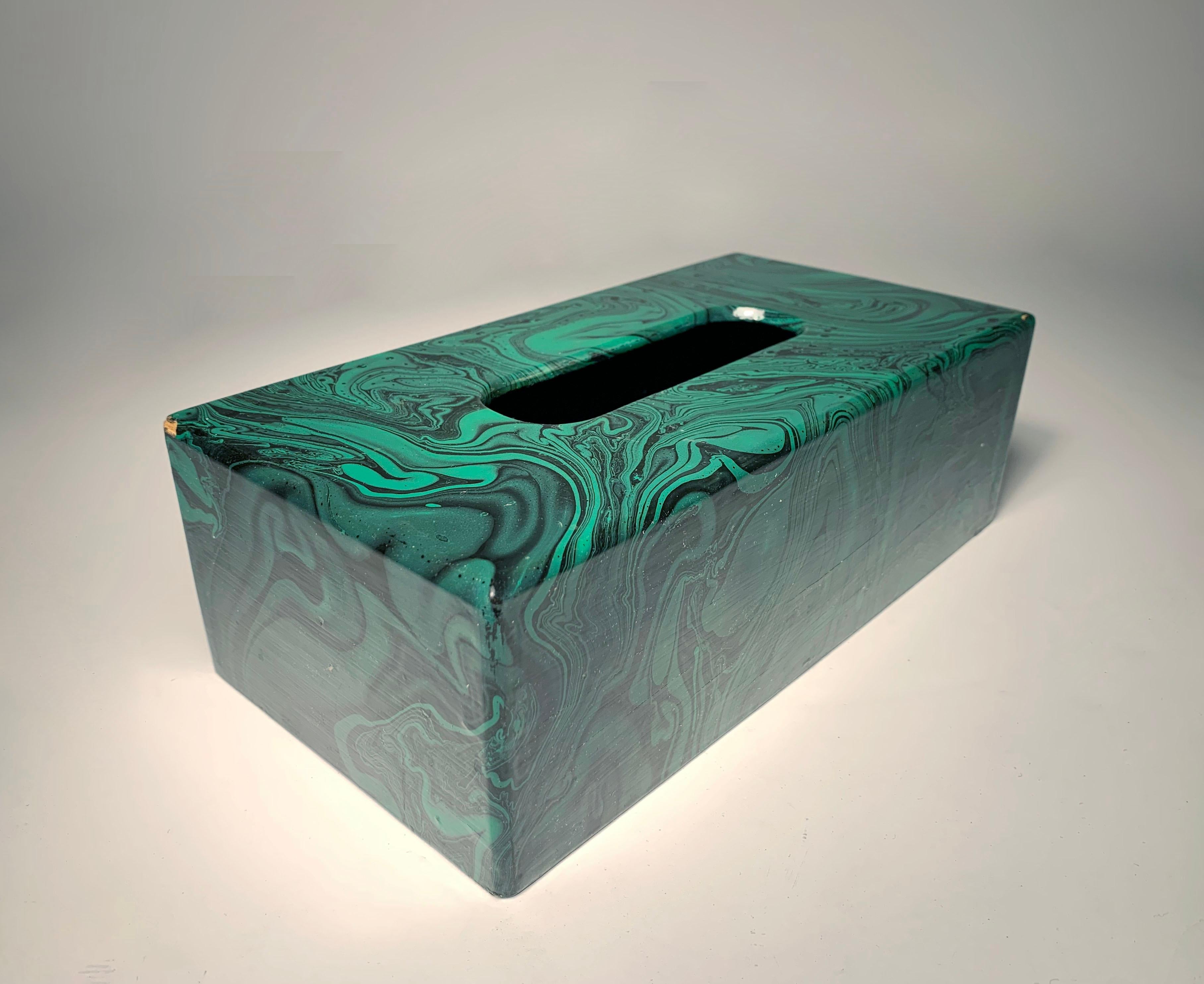 Vintage Handcrafted/Painted Faux Malachite Tissue Box In Good Condition For Sale In Chicago, IL
