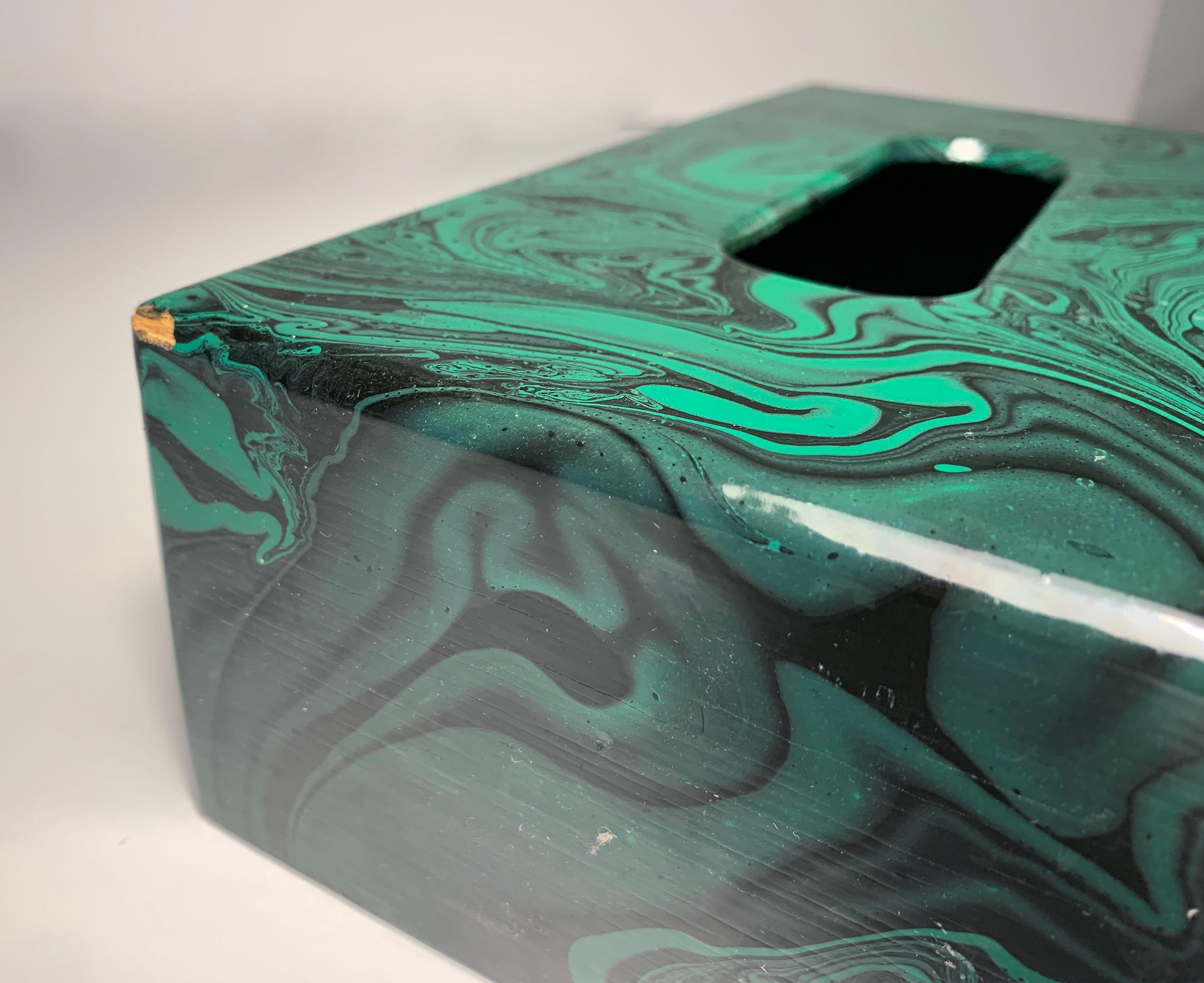 Wood Vintage Handcrafted/Painted Faux Malachite Tissue Box For Sale