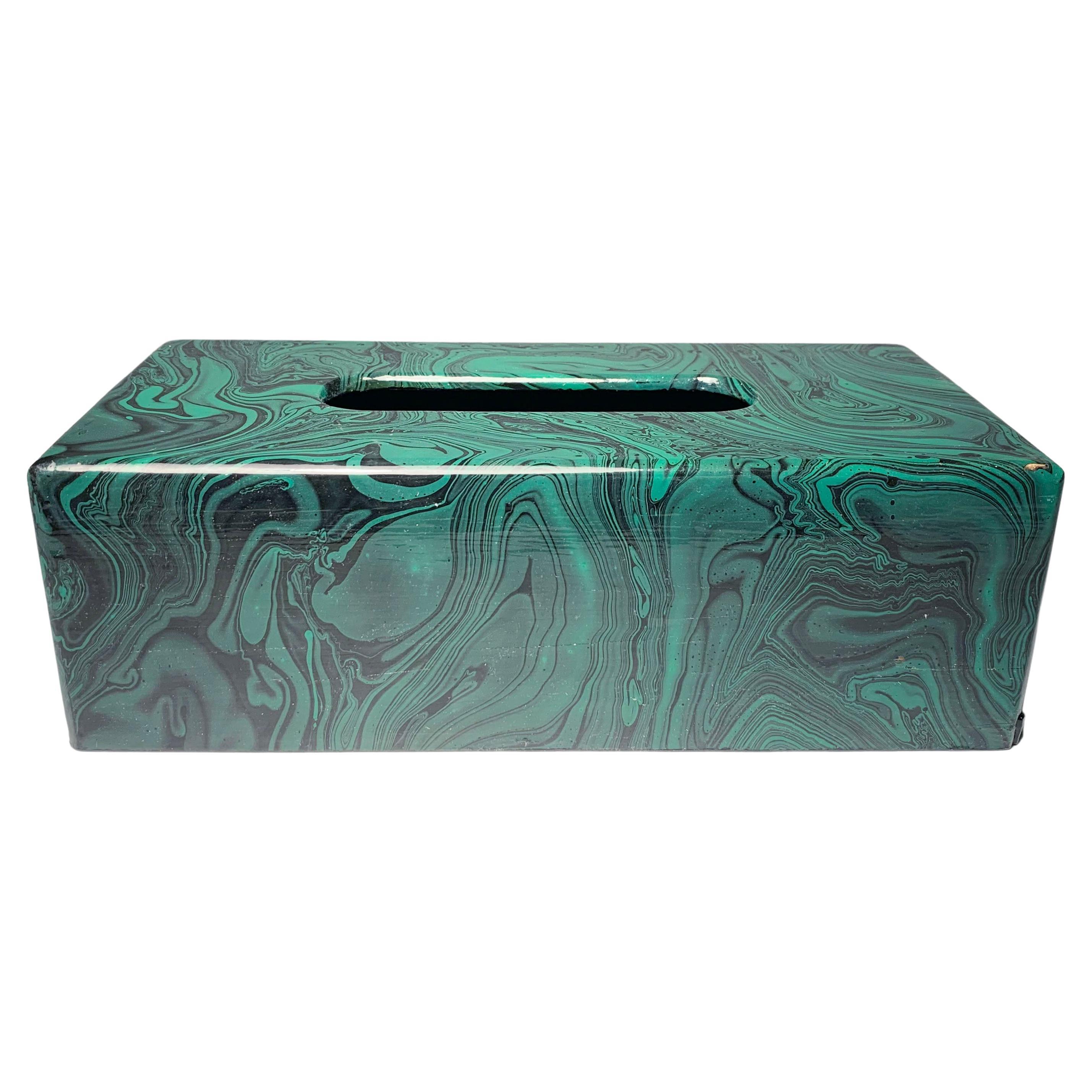 Vintage Handcrafted/Painted Faux Malachite Tissue Box For Sale