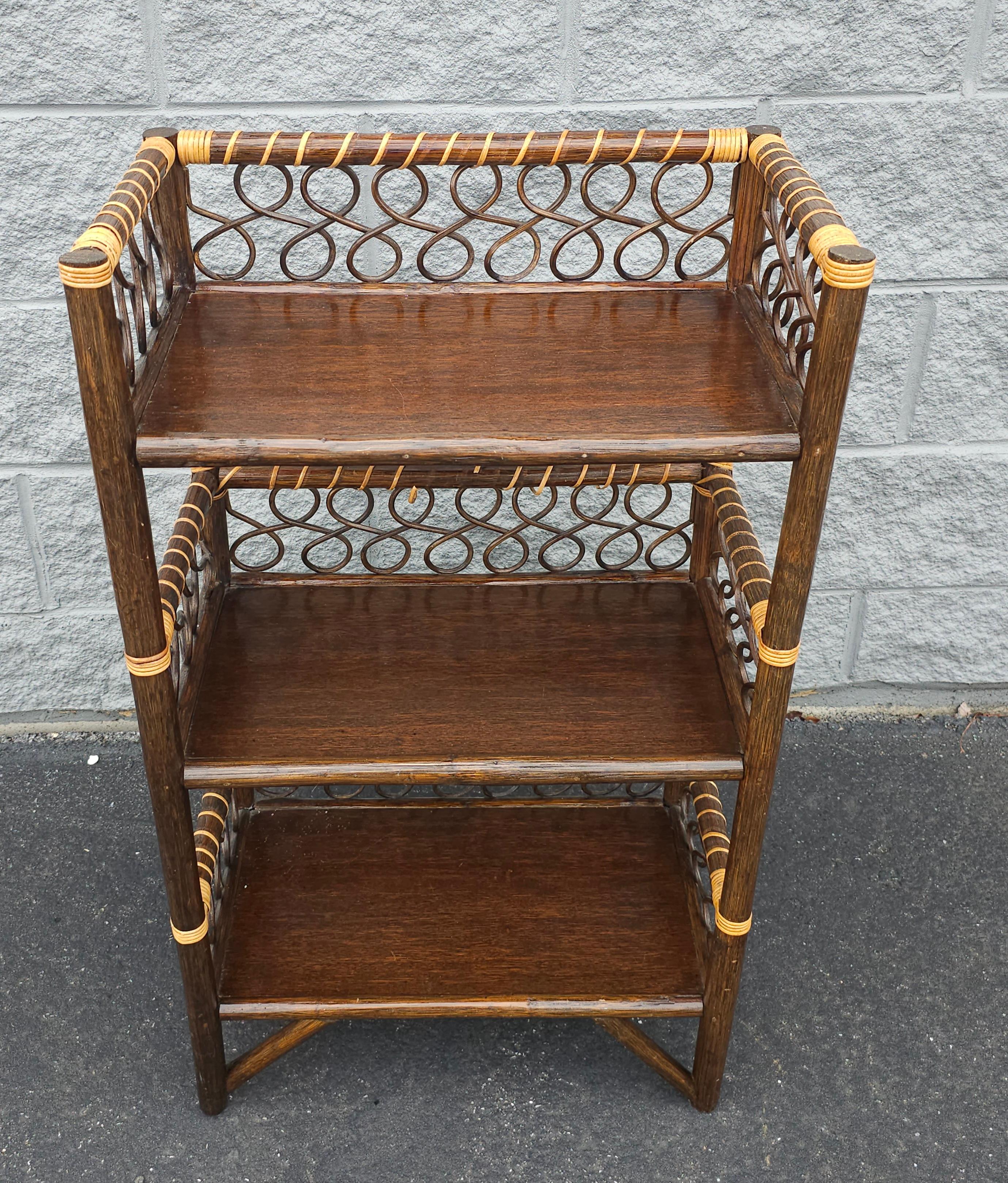 Modern Vintage Handcrafted Walnut Finish Rattan Petite Bookcase Etagere For Sale