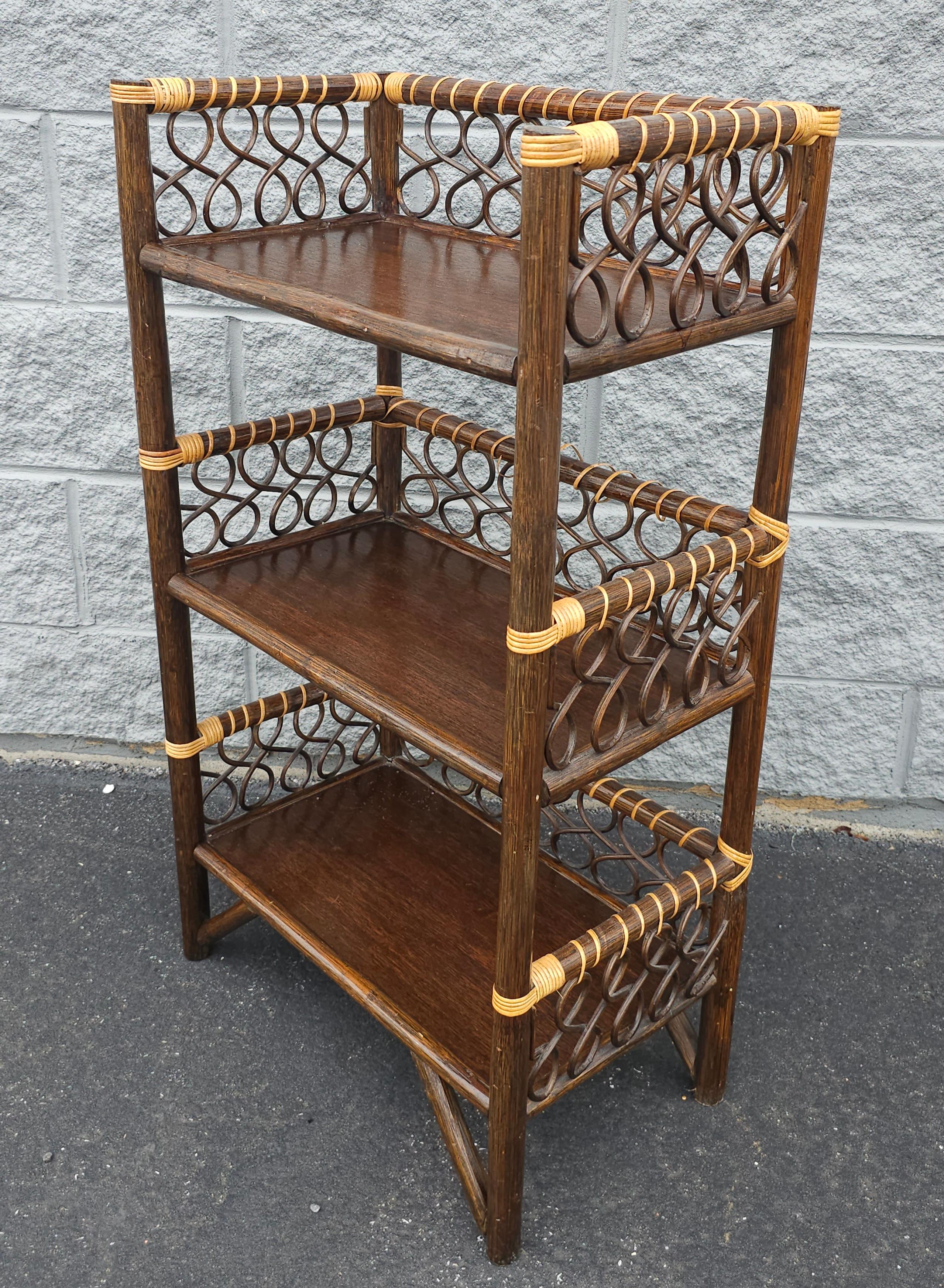 Philippine Vintage Handcrafted Walnut Finish Rattan Petite Bookcase Etagere For Sale