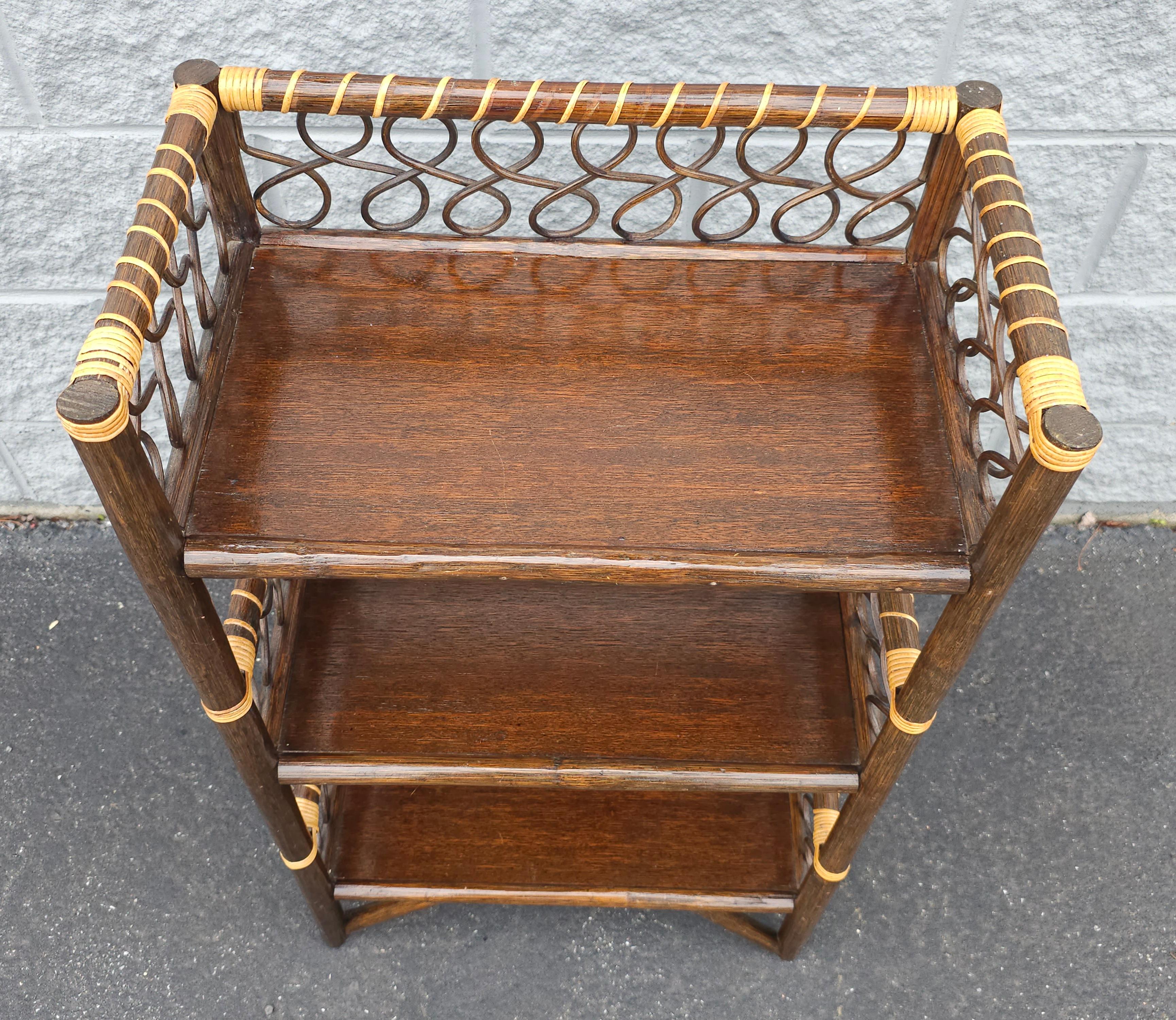 Hand-Crafted Vintage Handcrafted Walnut Finish Rattan Petite Bookcase Etagere For Sale