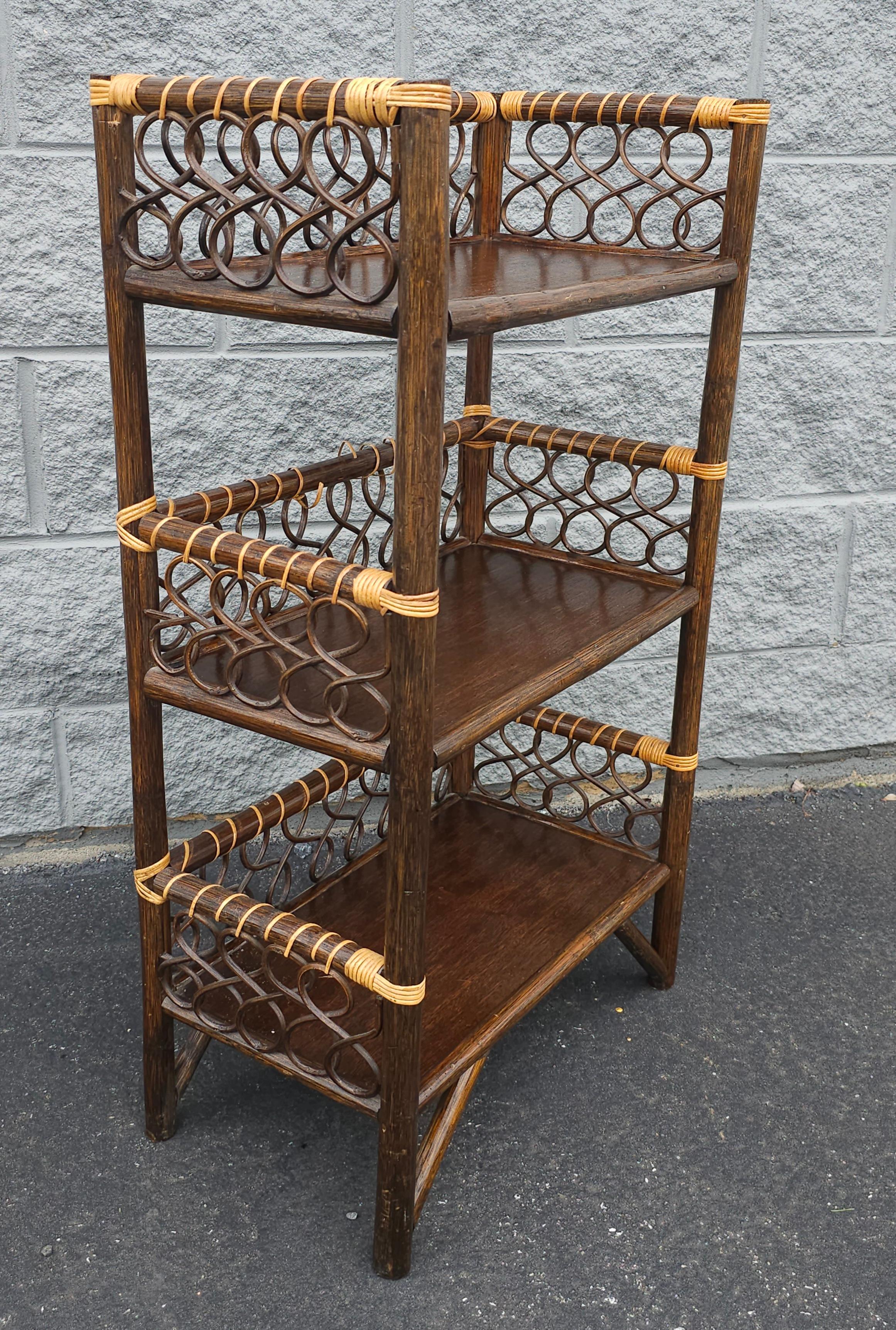 Vintage Handcrafted Walnut Finish Rattan Petite Bookcase Etagere In Good Condition For Sale In Germantown, MD