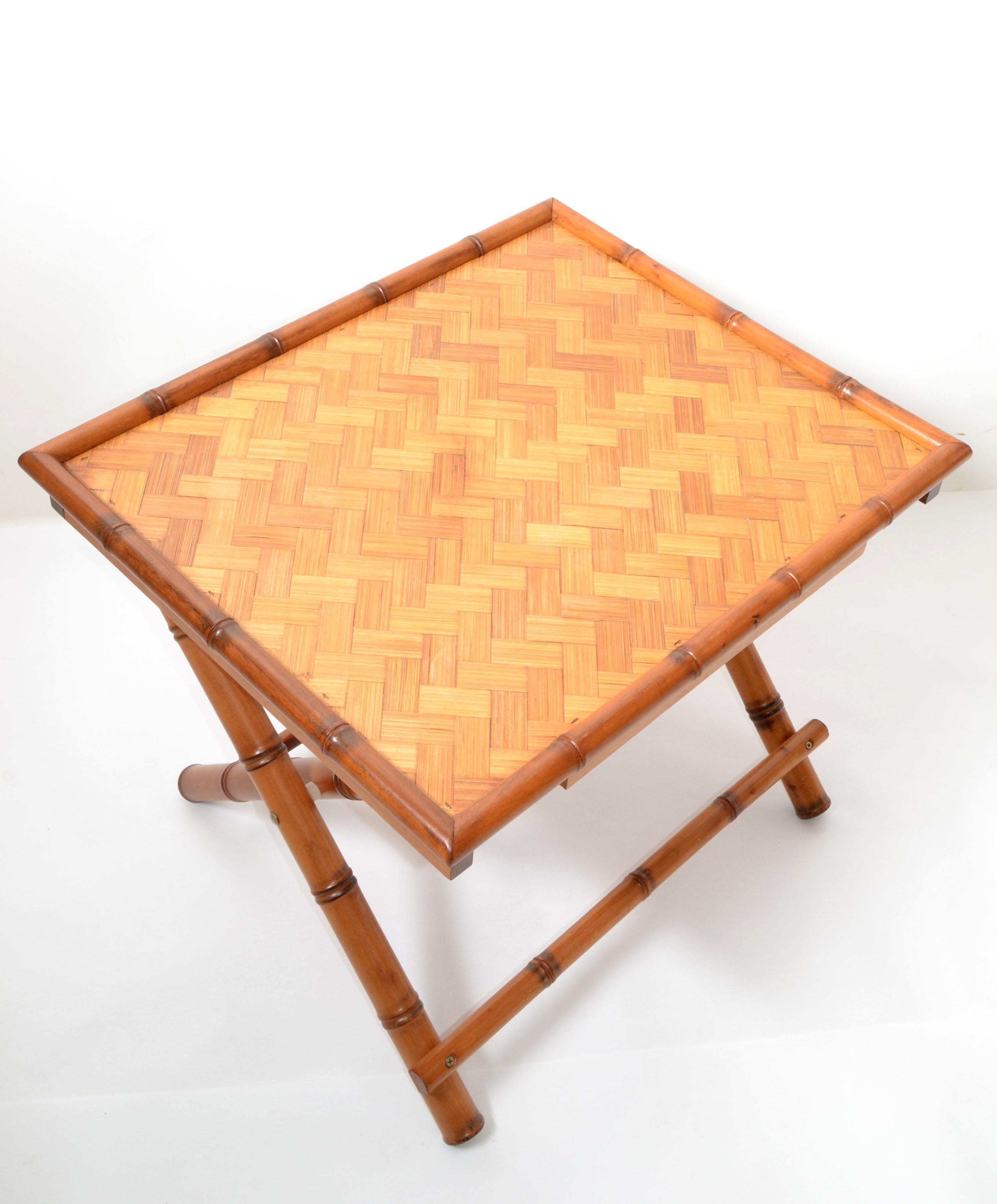 20th Century Vintage Handcrafted Rectangle Bamboo Serving Folding Table, Center Table X-Base For Sale