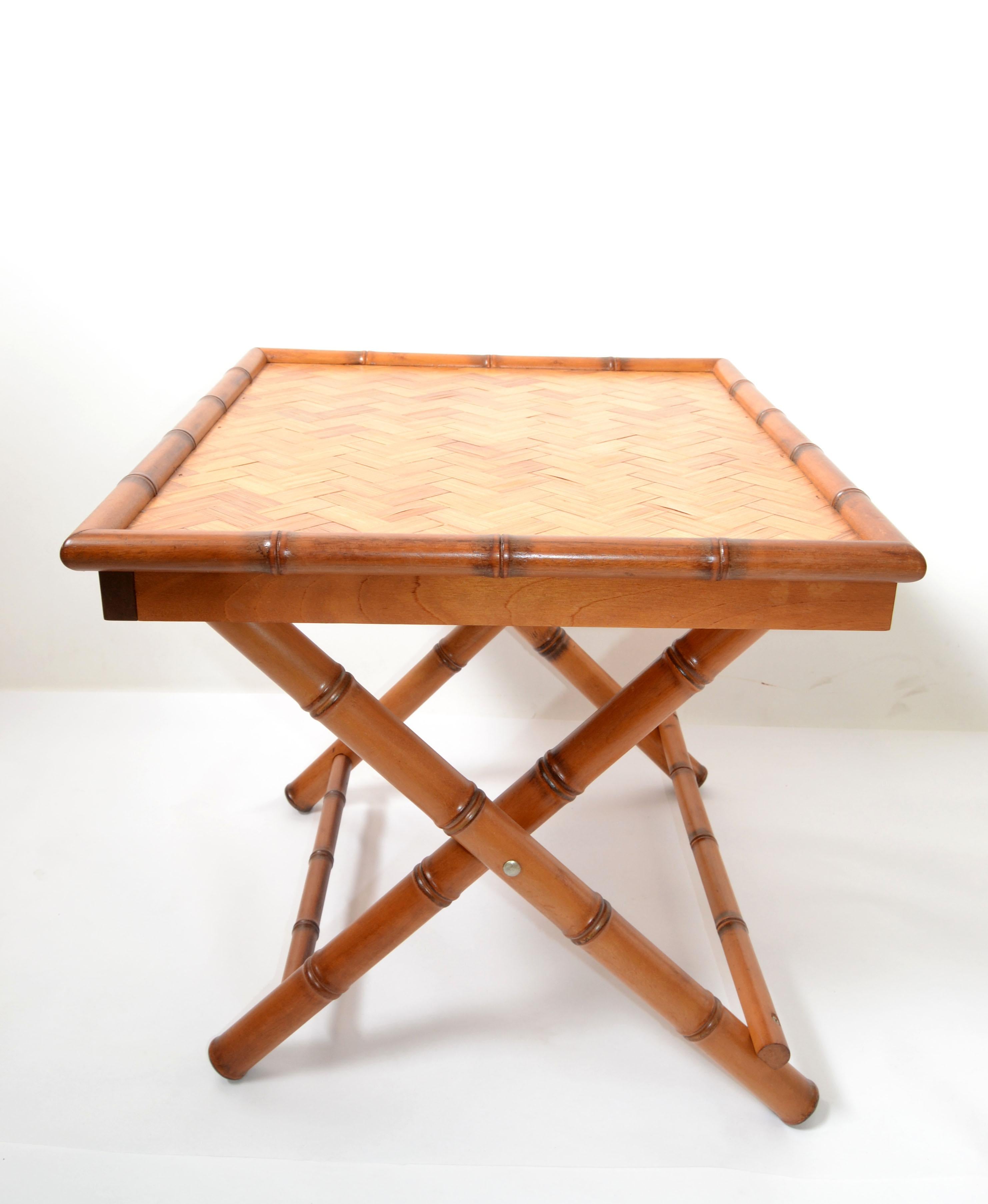 Rattan Vintage Handcrafted Rectangle Bamboo Serving Folding Table, Center Table X-Base For Sale