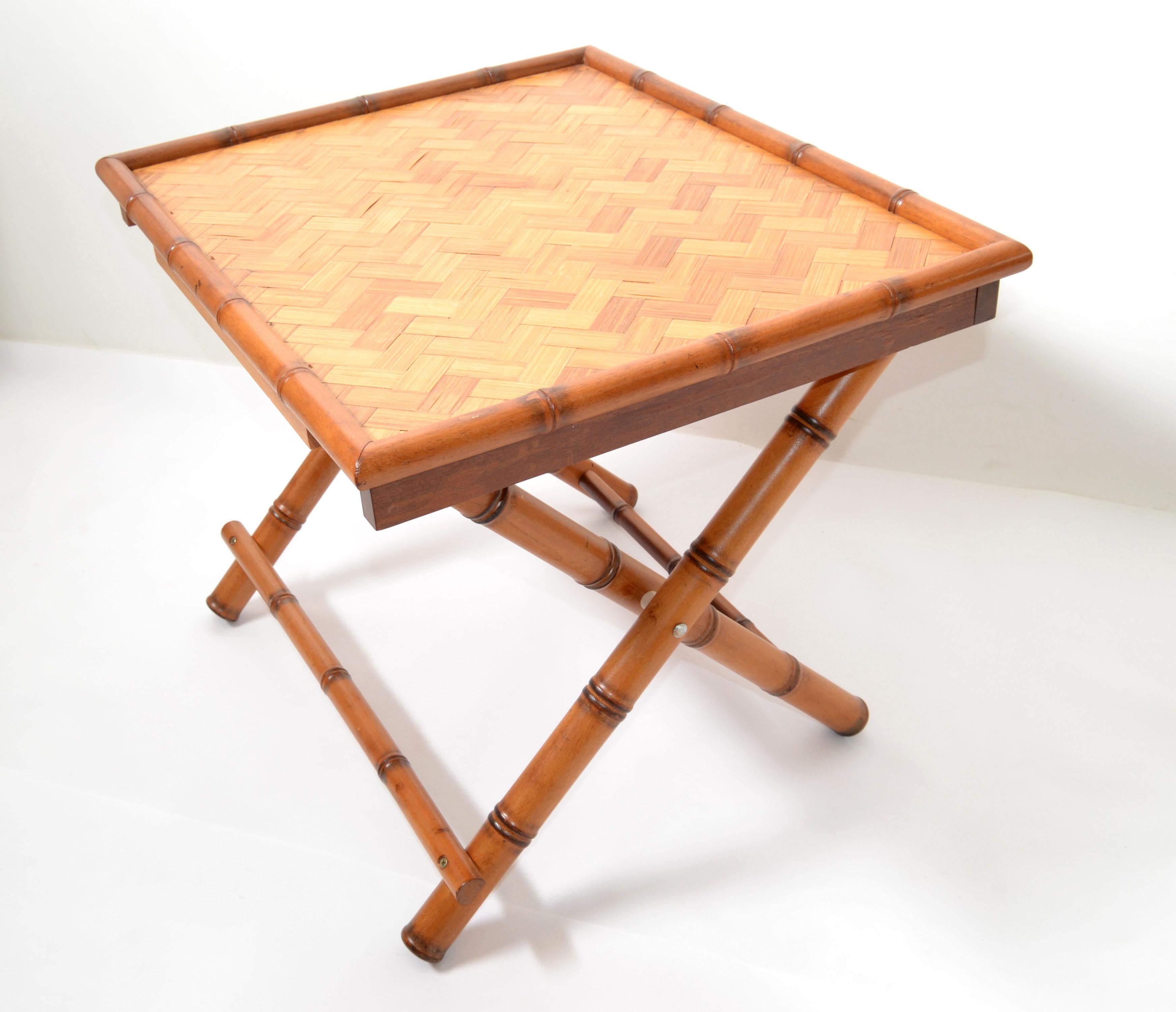 American Vintage Handcrafted Rectangle Bamboo Serving Folding Table, Center Table X-Base For Sale