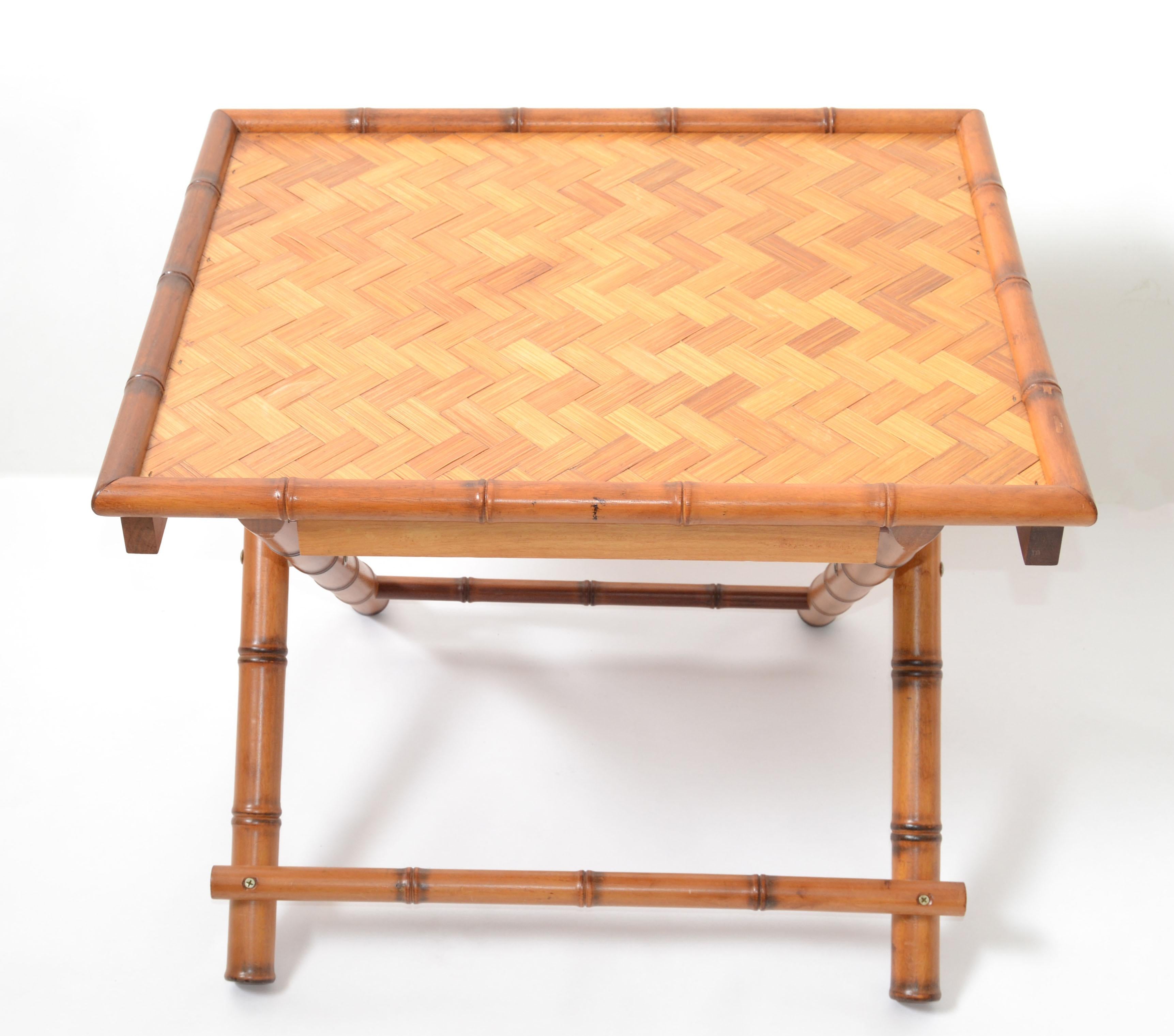 Hand-Crafted Vintage Handcrafted Rectangle Bamboo Serving Folding Table, Center Table X-Base For Sale